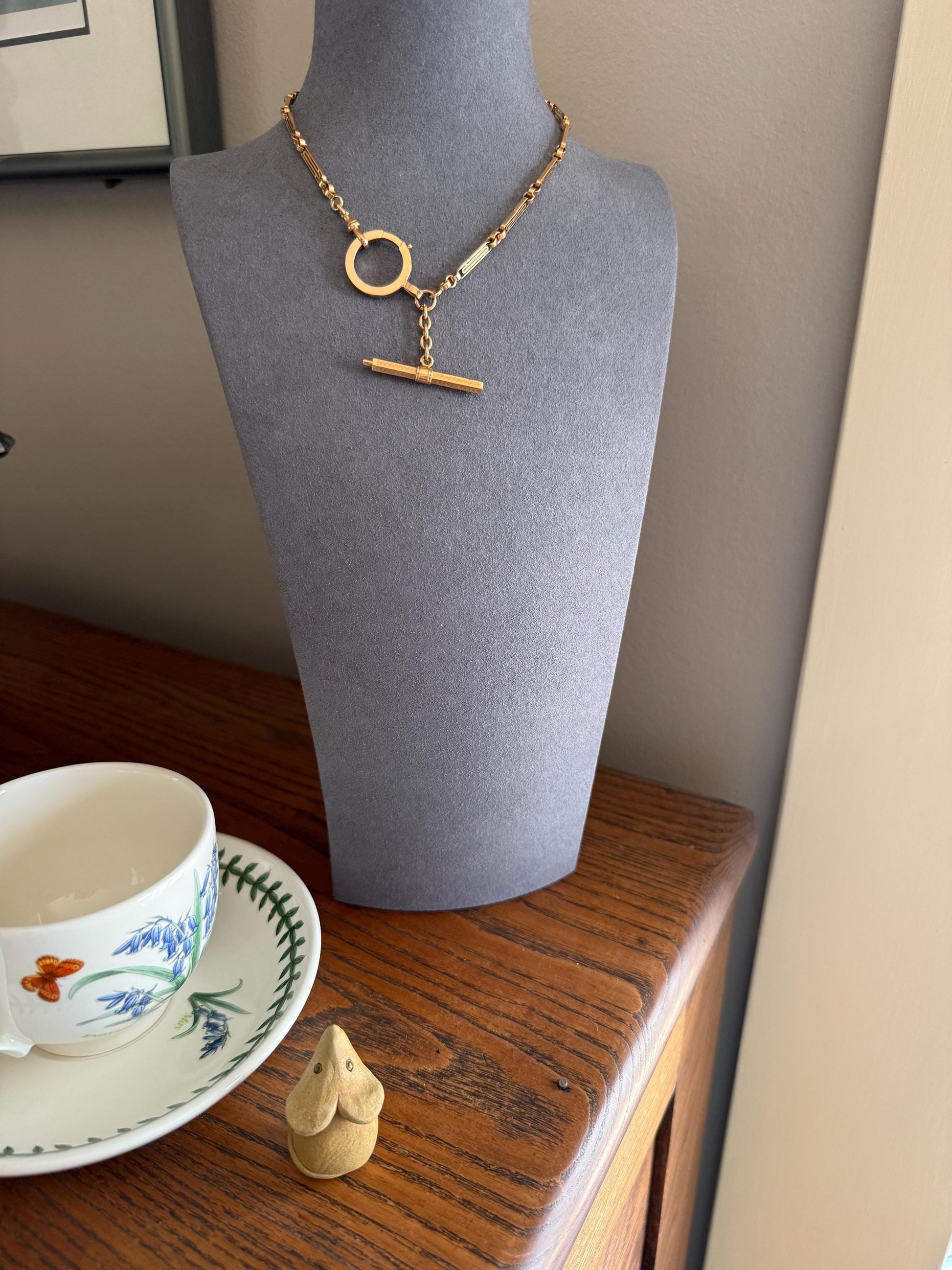 Heavy French Vintage Albert Watch Chain 20g 18k GOLD Solid Chunky Chain Necklace Oval Links XL Spring Ring T Bar Short Choker Extender