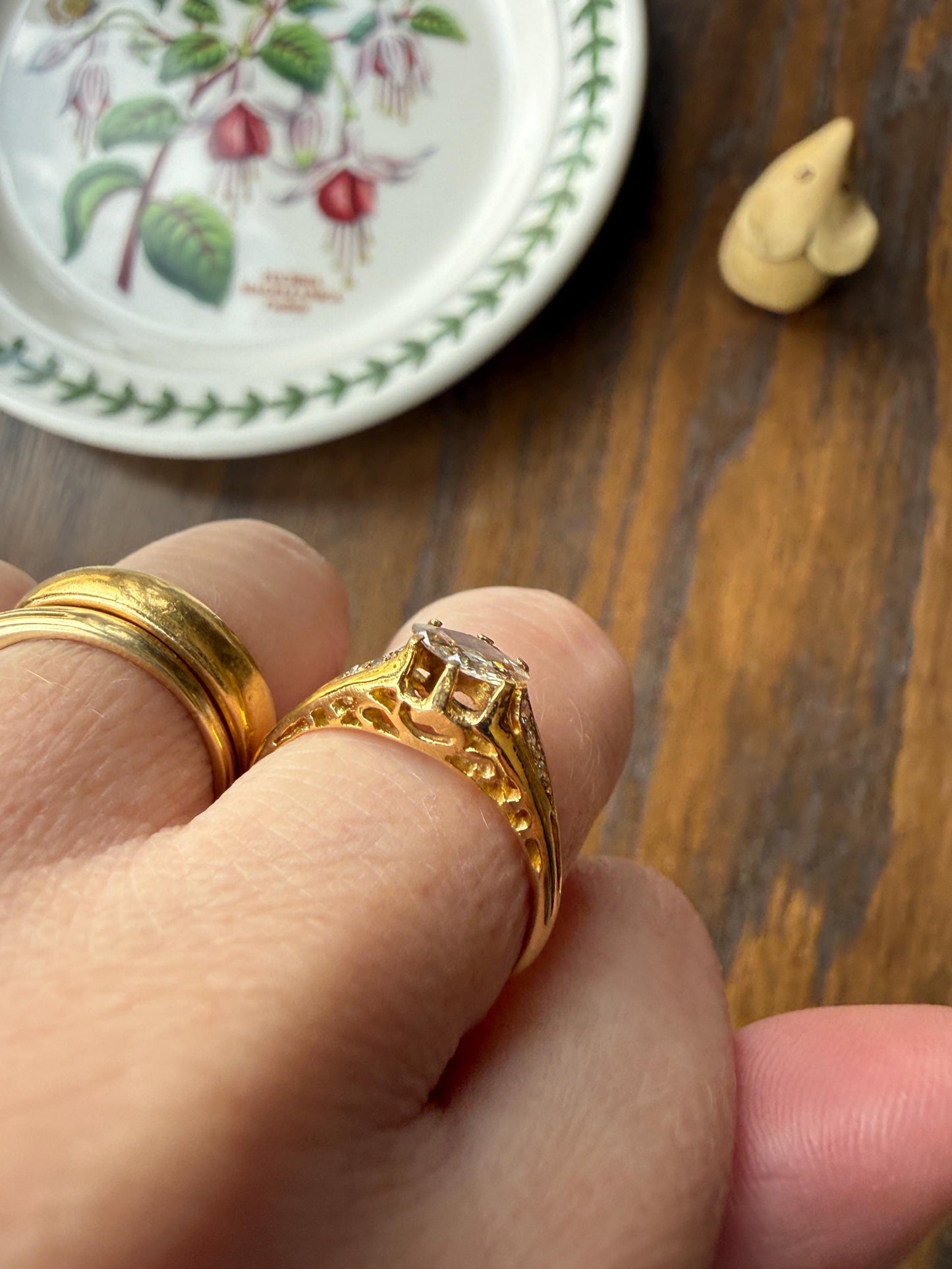 Marquise East West Old Mine Cut Ornate Filigree Ring 18k Gold French Antique Unique Band Stacker