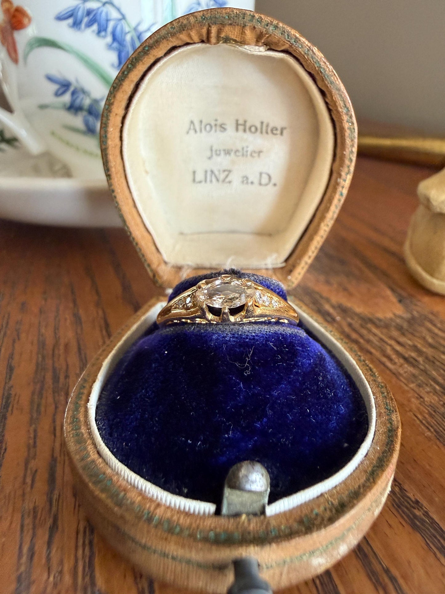 Marquise East West Old Mine Cut Ornate Filigree Ring 18k Gold French Antique Unique Band Stacker