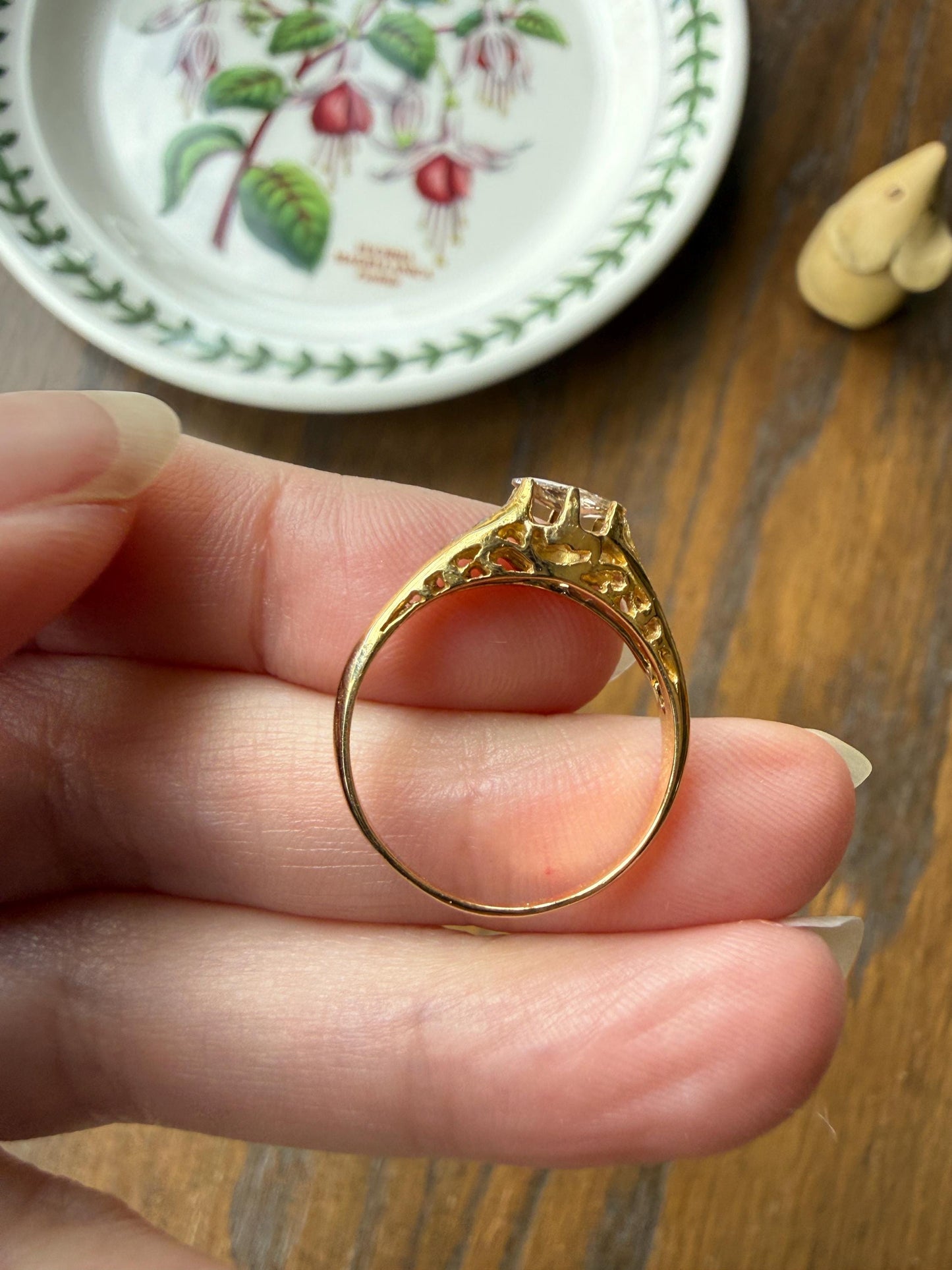 Marquise East West Old Mine Cut Ornate Filigree Ring 18k Gold French Antique Unique Band Stacker