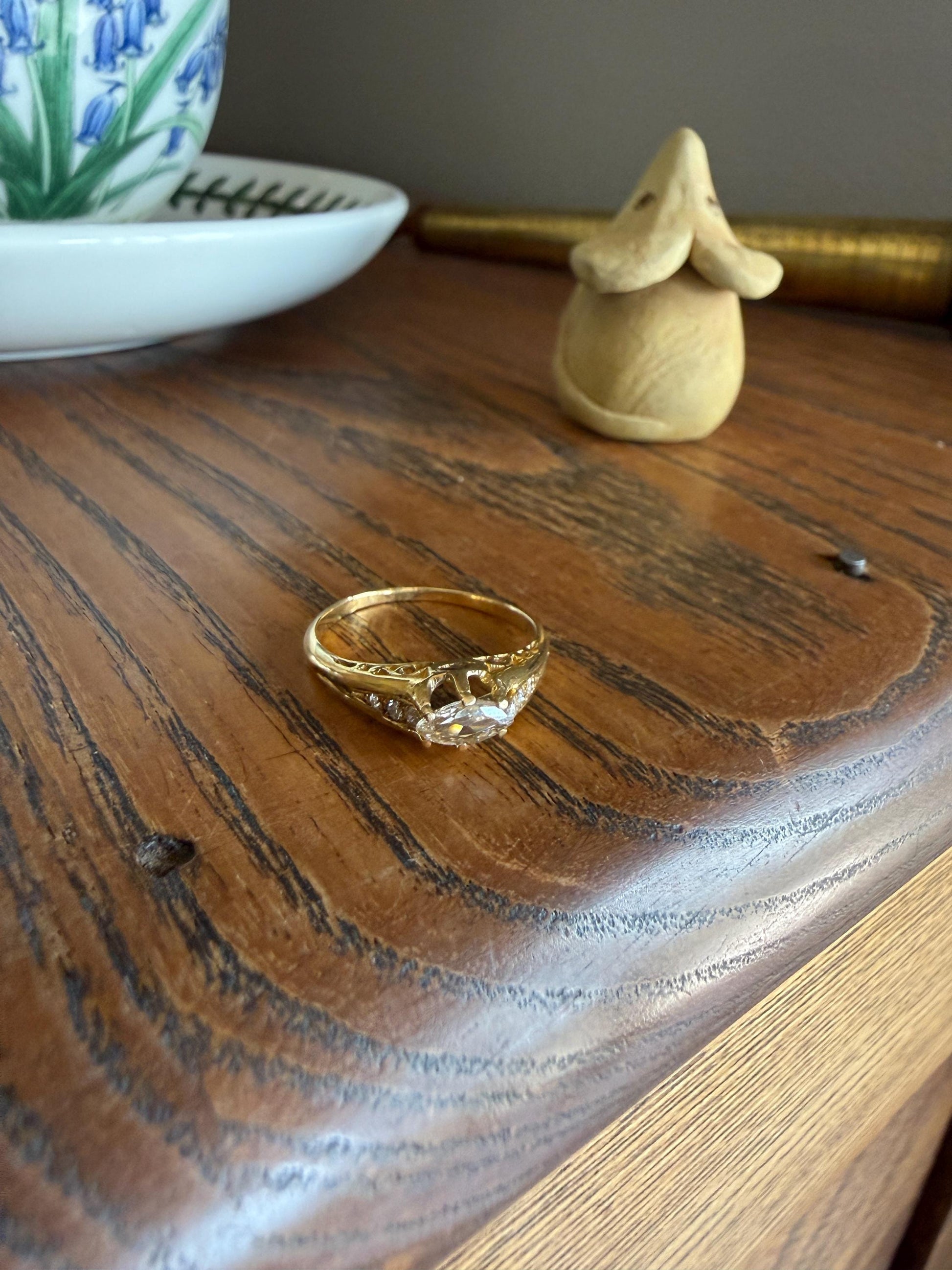 Marquise East West Old Mine Cut Ornate Filigree Ring 18k Gold French Antique Unique Band Stacker