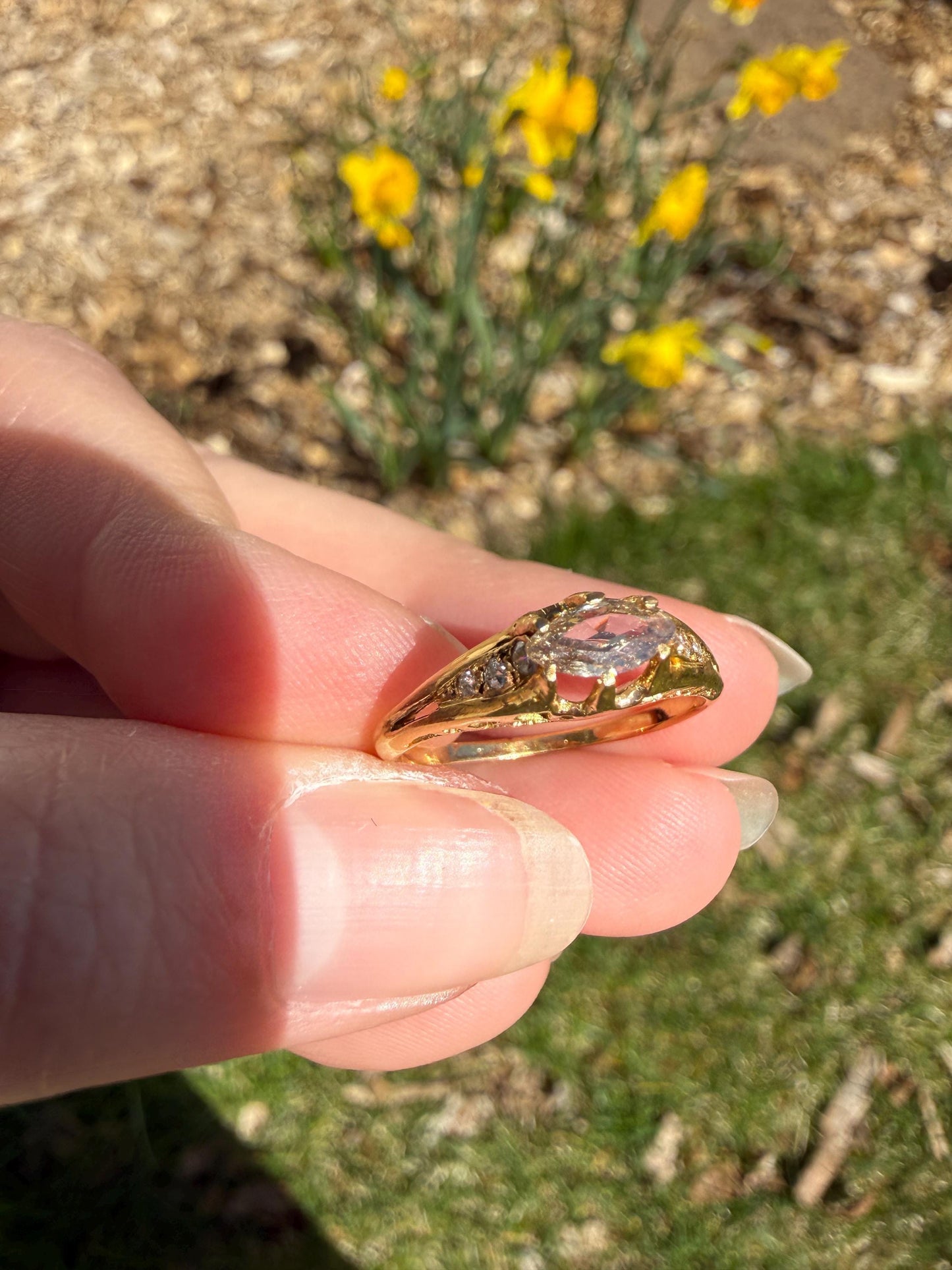 Marquise East West Old Mine Cut Ornate Filigree Ring 18k Gold French Antique Unique Band Stacker
