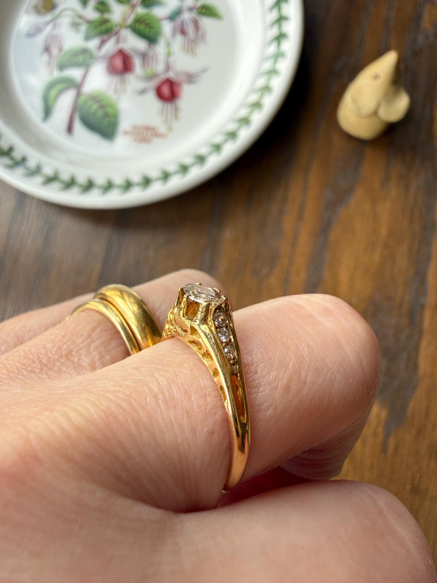 Marquise East West Old Mine Cut Ornate Filigree Ring 18k Gold French Antique Unique Band Stacker