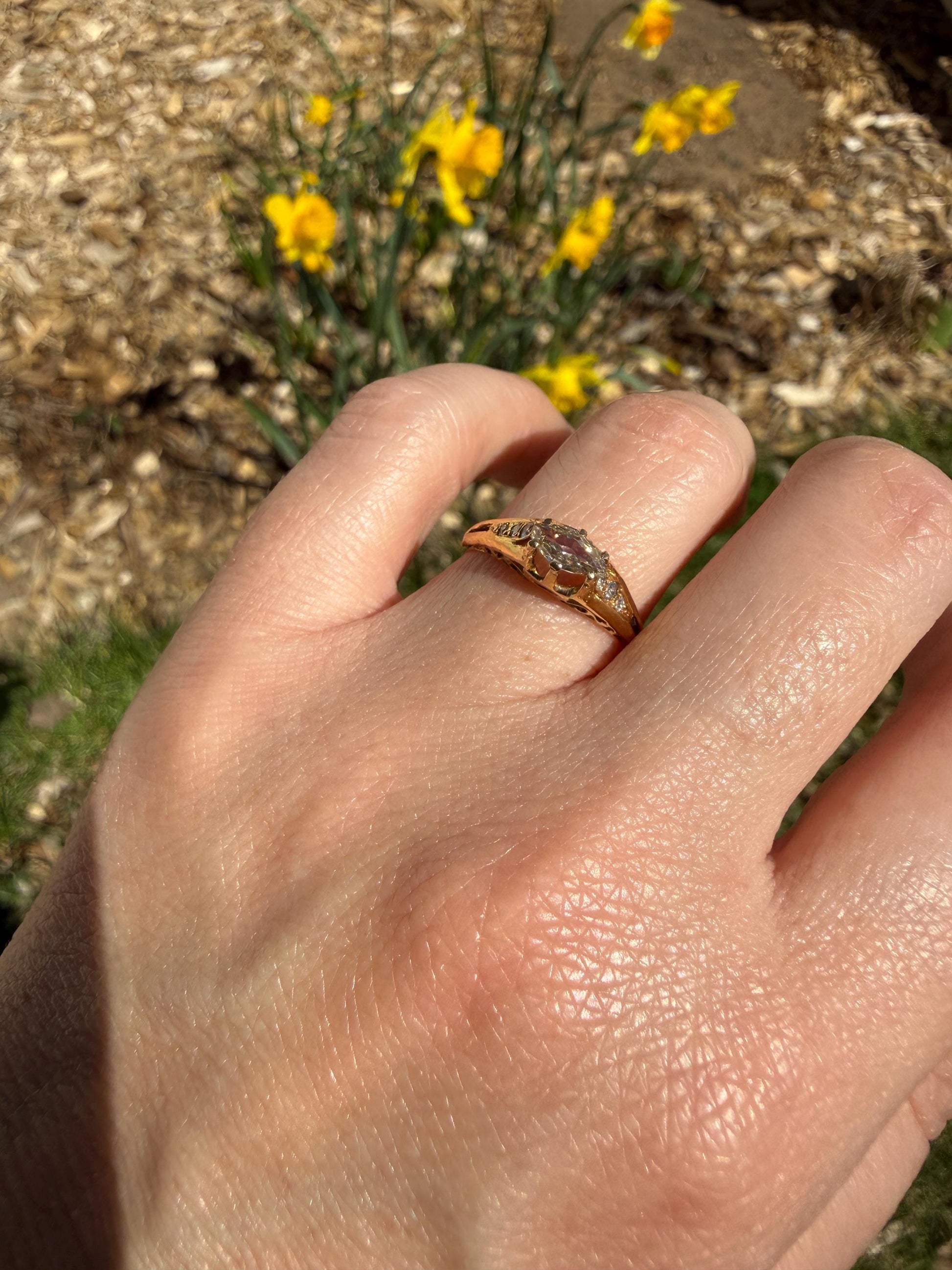 Marquise East West Old Mine Cut Ornate Filigree Ring 18k Gold French Antique Unique Band Stacker