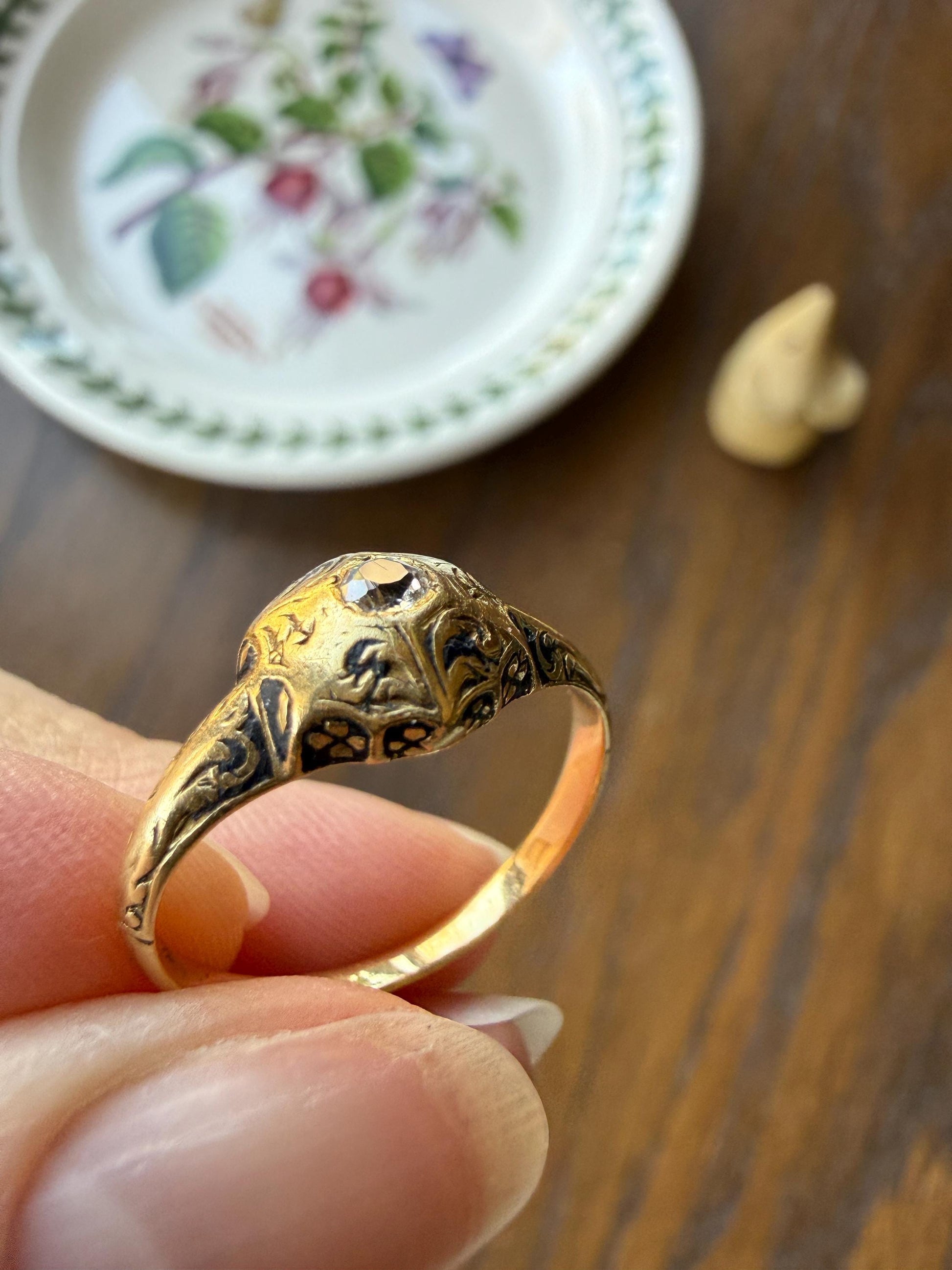Ornate Floral Hexagon Starburst Old Mine Cut Diamond 18k Gold Ring Domed Floral Black Enamel Victorian Pavilion Band