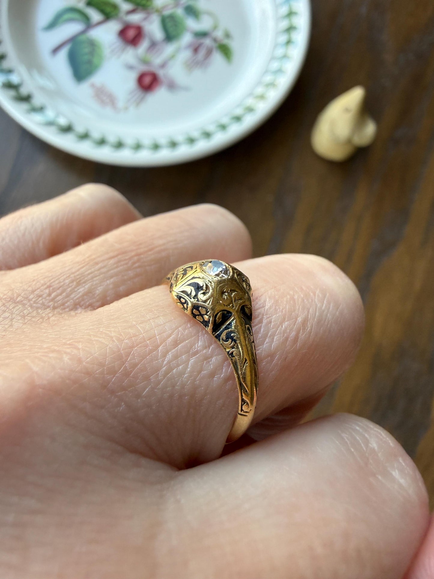 Ornate Floral Hexagon Starburst Old Mine Cut Diamond 18k Gold Ring Domed Floral Black Enamel Victorian Pavilion Band