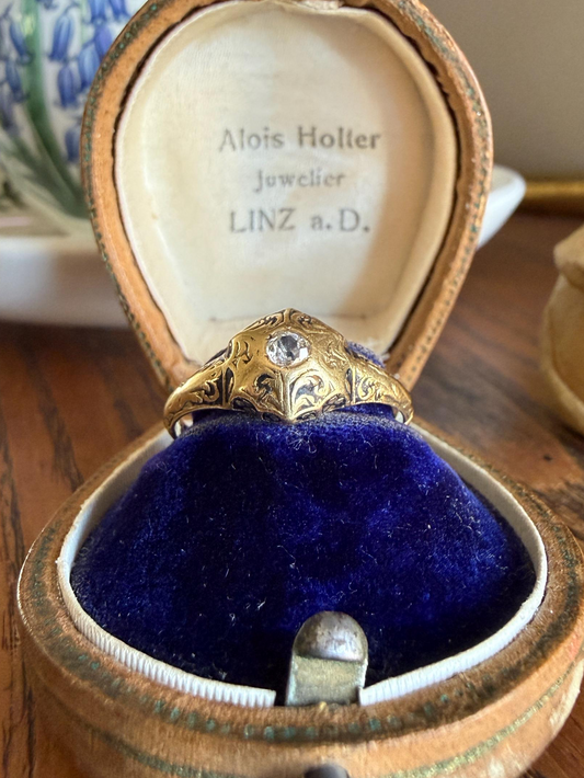 Ornate Floral Hexagon Starburst Old Mine Cut Diamond 18k Gold Ring Domed Floral Black Enamel Victorian Pavilion Band