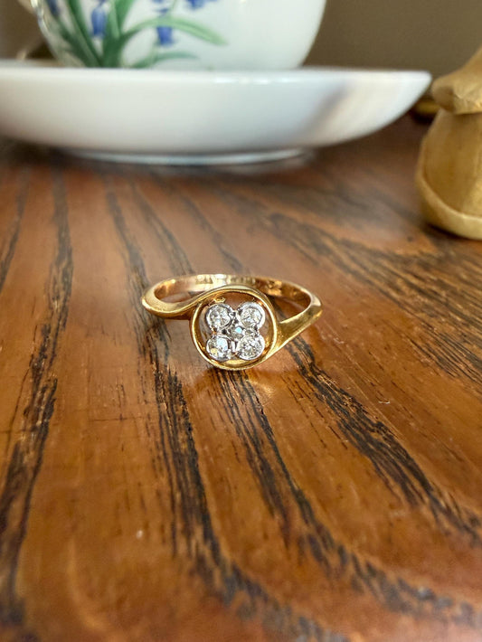 Antique Floral Old Cut Diamond Circular Bypass Halo Ring 18k Gold Minimalist Stacker Band