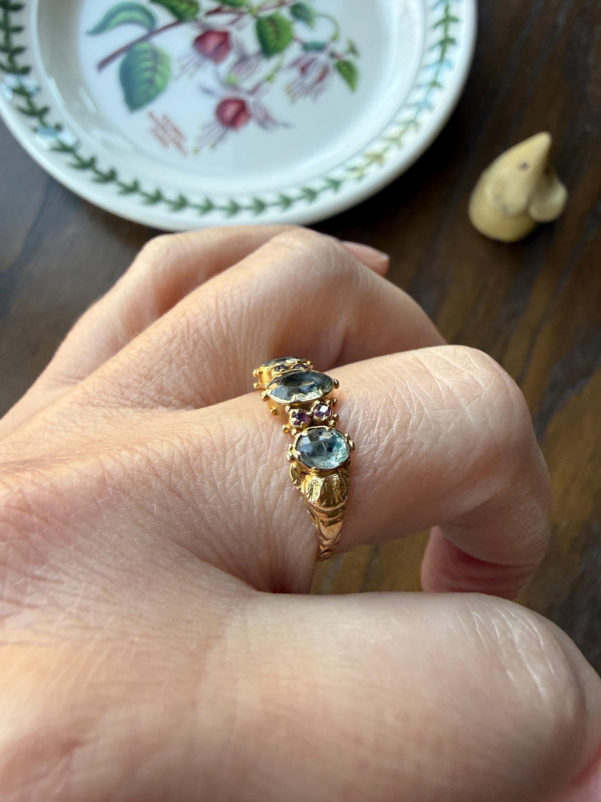 Antique Mossy Seafoam Blue Green Three Stone Georgian Era Ring with Ruby Spacers 18k Gold Solid 360 Engraved Shank Ball Rivet Halos