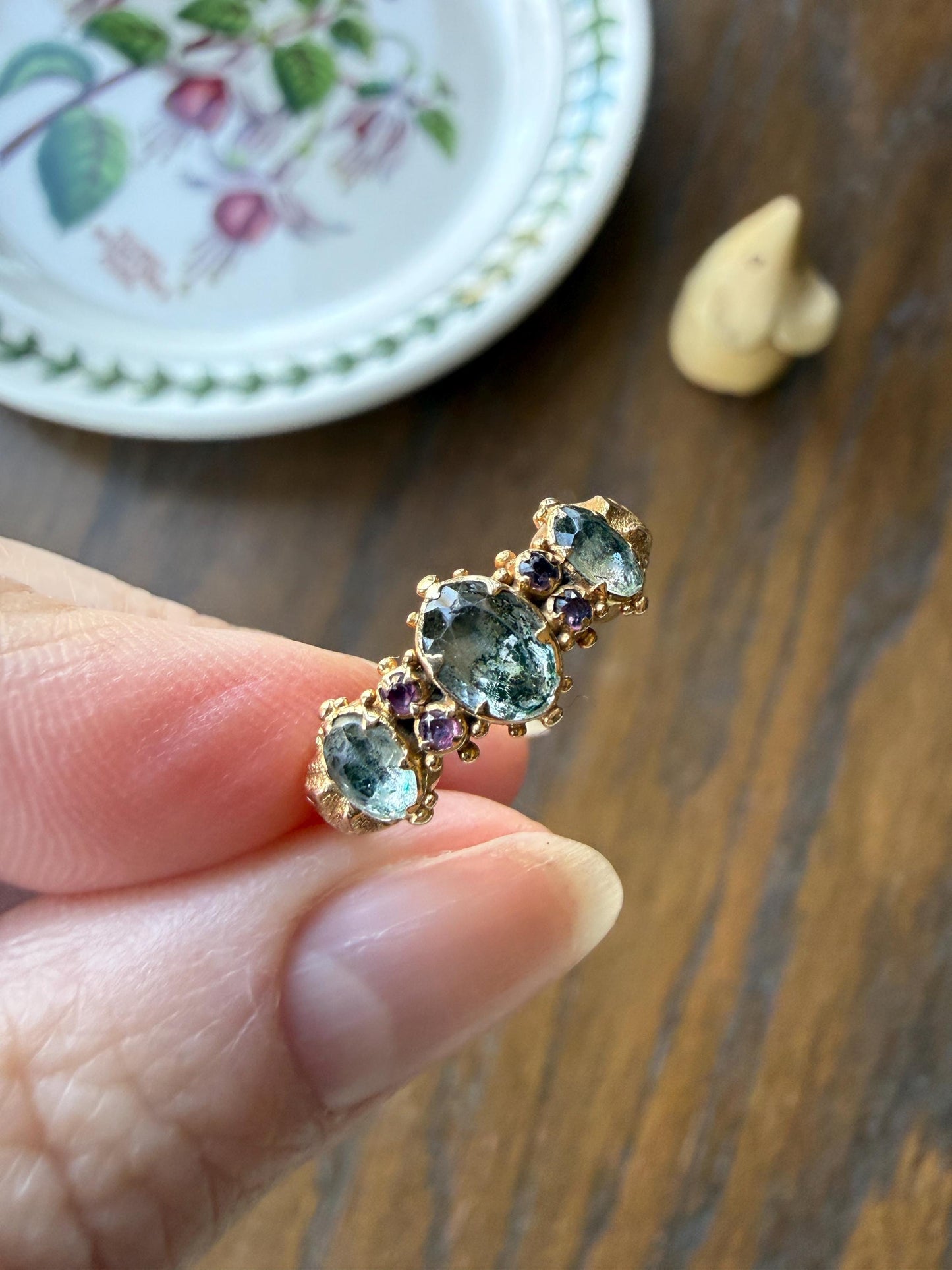 Antique Mossy Seafoam Blue Green Three Stone Georgian Era Ring with Ruby Spacers 18k Gold Solid 360 Engraved Shank Ball Rivet Halos