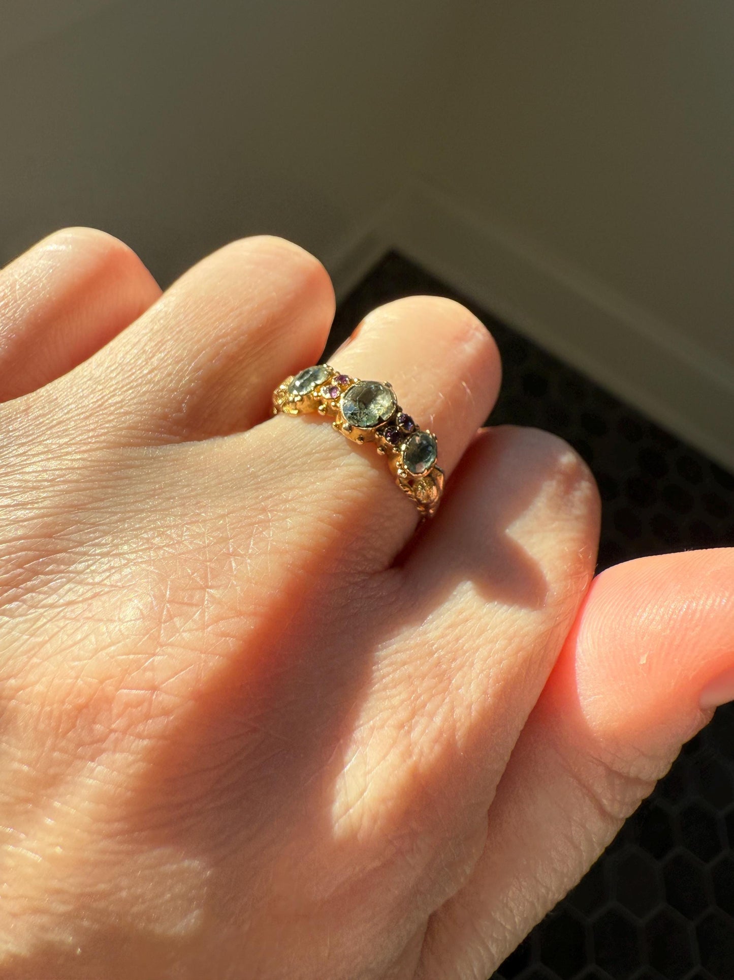 Antique Mossy Seafoam Blue Green Three Stone Georgian Era Ring with Ruby Spacers 18k Gold Solid 360 Engraved Shank Ball Rivet Halos