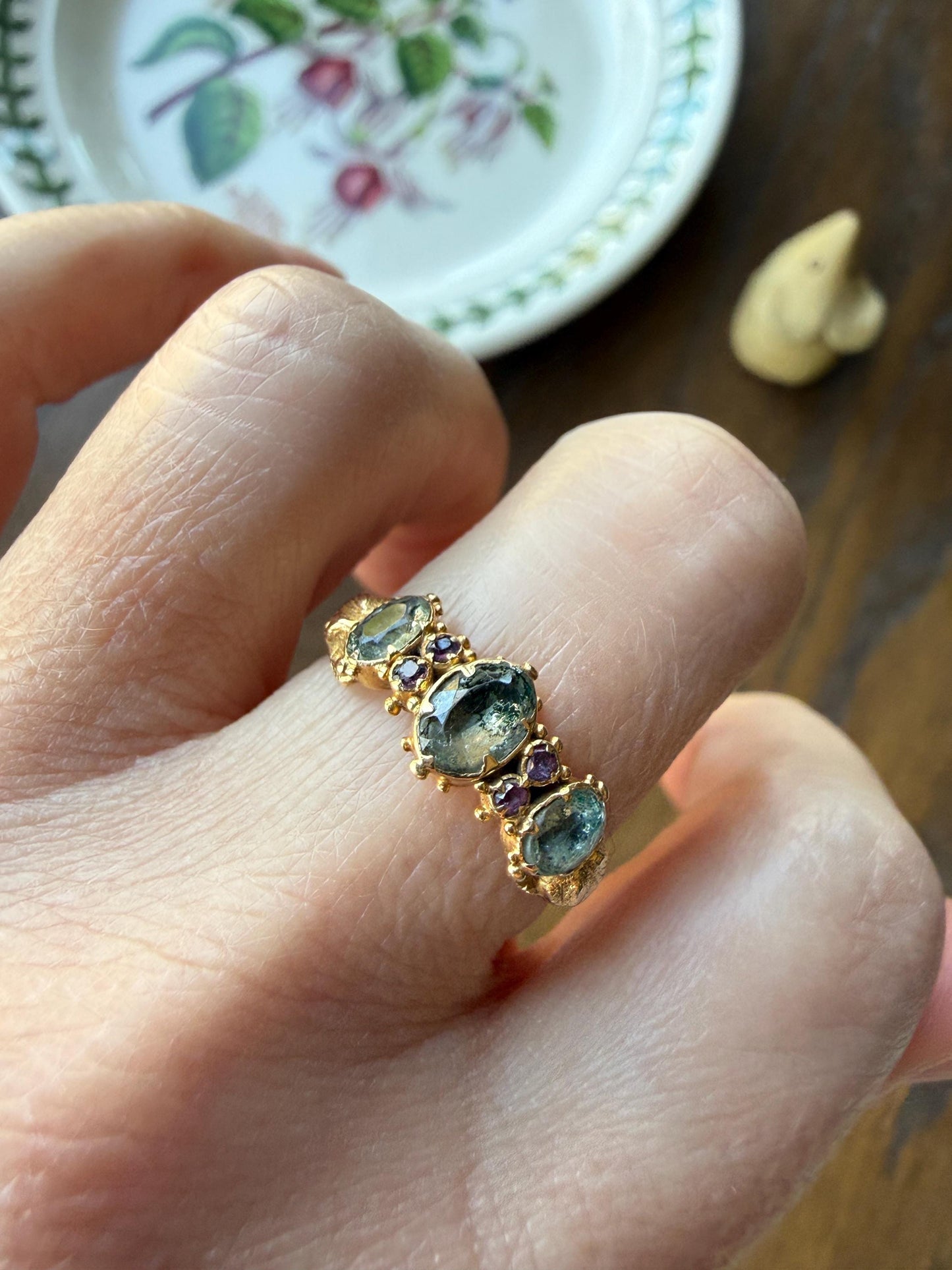 Antique Mossy Seafoam Blue Green Three Stone Georgian Era Ring with Ruby Spacers 18k Gold Solid 360 Engraved Shank Ball Rivet Halos