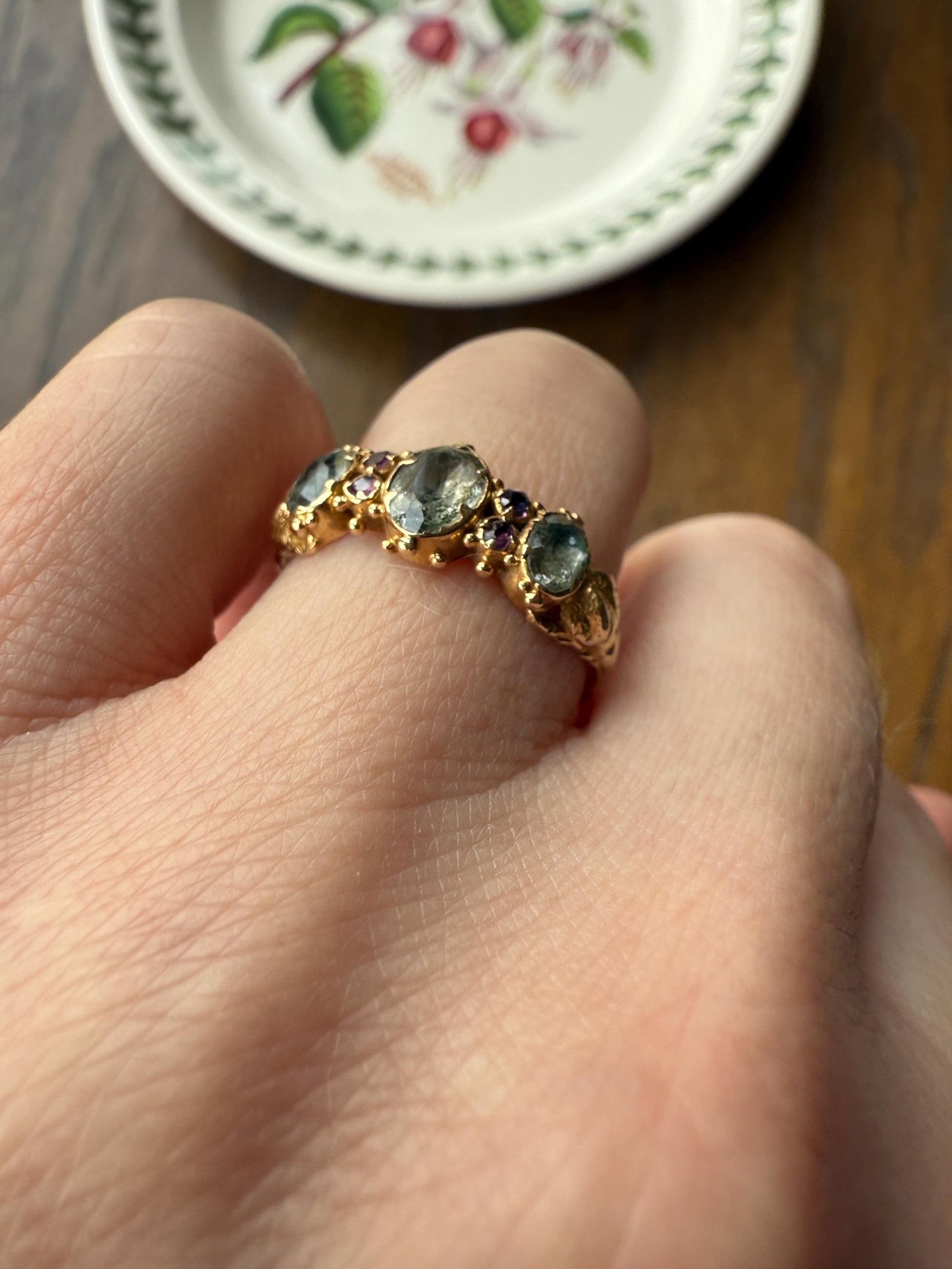 Antique Mossy Seafoam Blue Green Three Stone Georgian Era Ring with Ruby Spacers 18k Gold Solid 360 Engraved Shank Ball Rivet Halos