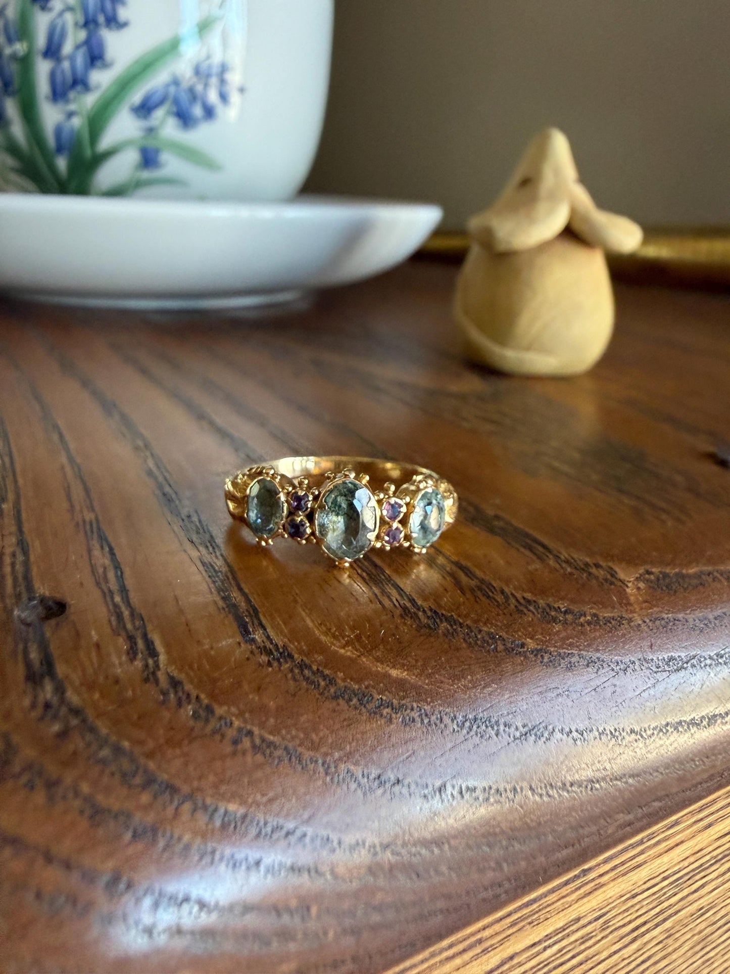 Antique Mossy Seafoam Blue Green Three Stone Georgian Era Ring with Ruby Spacers 18k Gold Solid 360 Engraved Shank Ball Rivet Halos