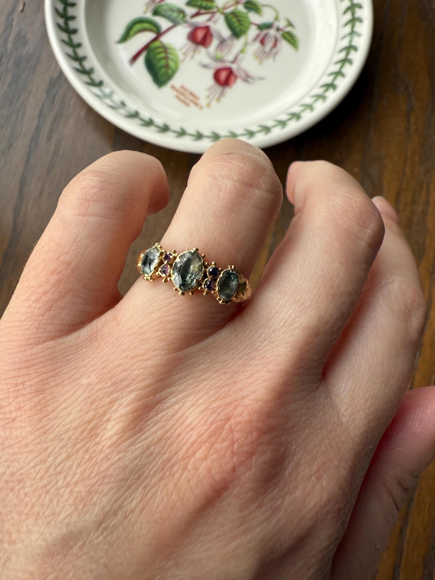 Antique Mossy Seafoam Blue Green Three Stone Georgian Era Ring with Ruby Spacers 18k Gold Solid 360 Engraved Shank Ball Rivet Halos