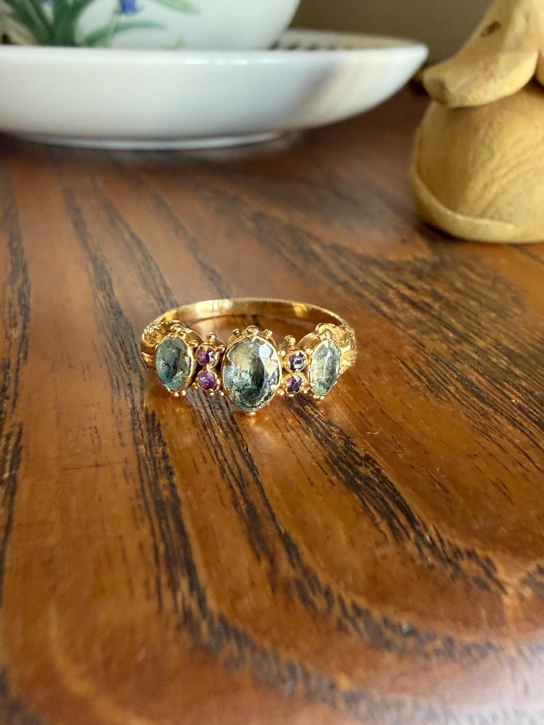 Antique Mossy Seafoam Blue Green Three Stone Georgian Era Ring with Ruby Spacers 18k Gold Solid 360 Engraved Shank Ball Rivet Halos