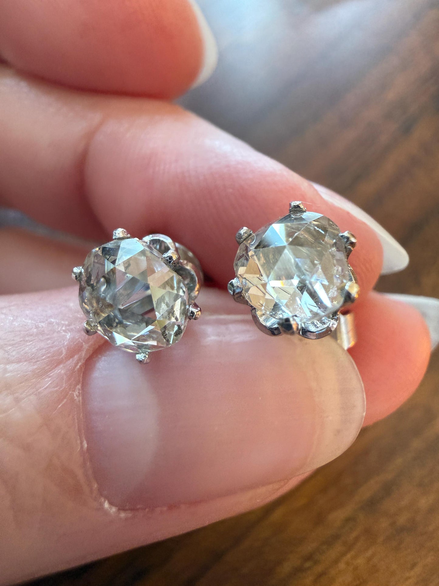 Antique Natural Rose Cut DIAMOND Stud EARRINGS 2 Carats Face Up 14k White Gold Solid Large Open Back