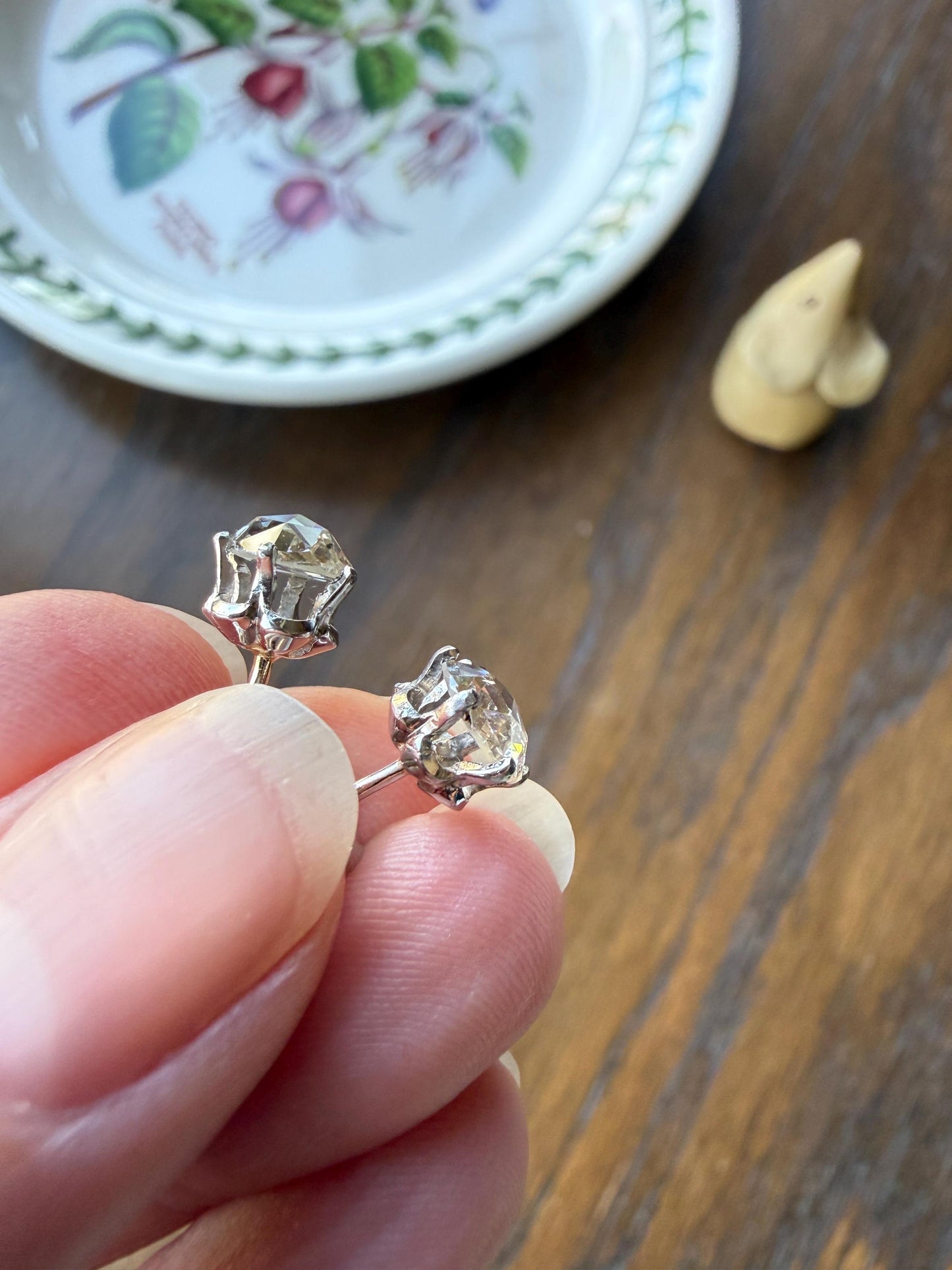 Antique Natural Rose Cut DIAMOND Stud EARRINGS 2 Carats Face Up 14k White Gold Solid Large Open Back