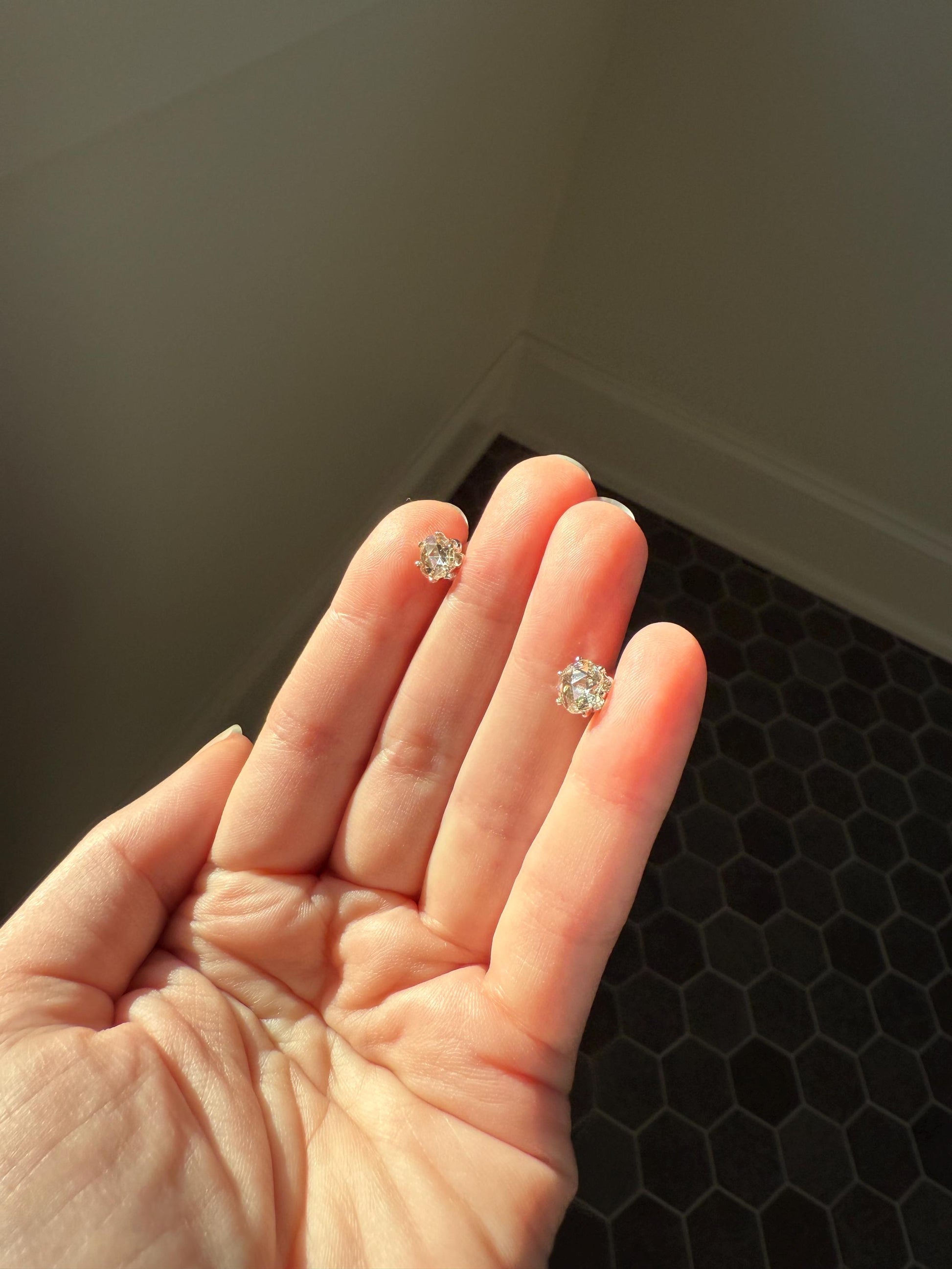Antique Natural Rose Cut DIAMOND Stud EARRINGS 2 Carats Face Up 14k White Gold Solid Large Open Back
