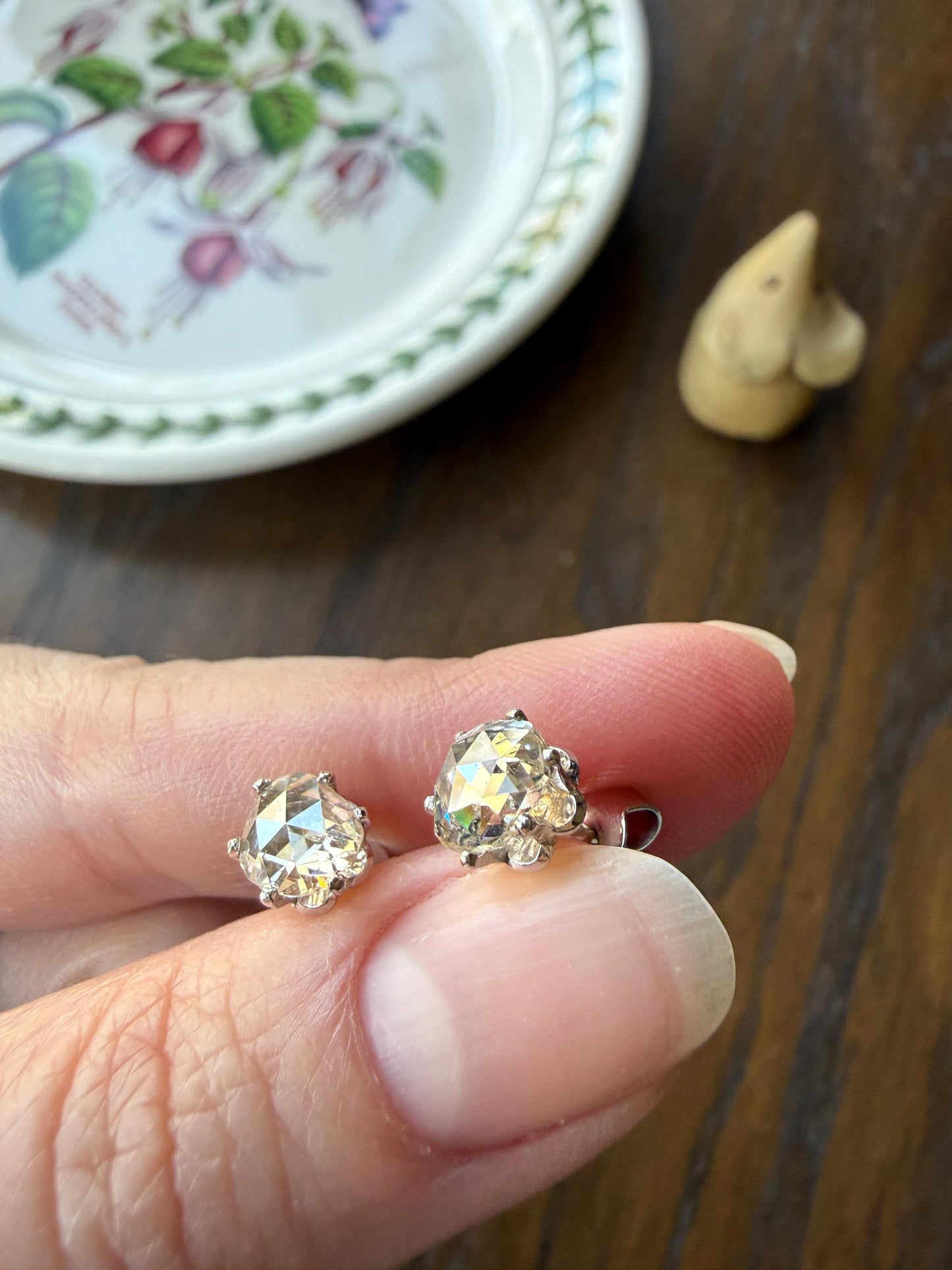 Antique Natural Rose Cut DIAMOND Stud EARRINGS 2 Carats Face Up 14k White Gold Solid Large Open Back