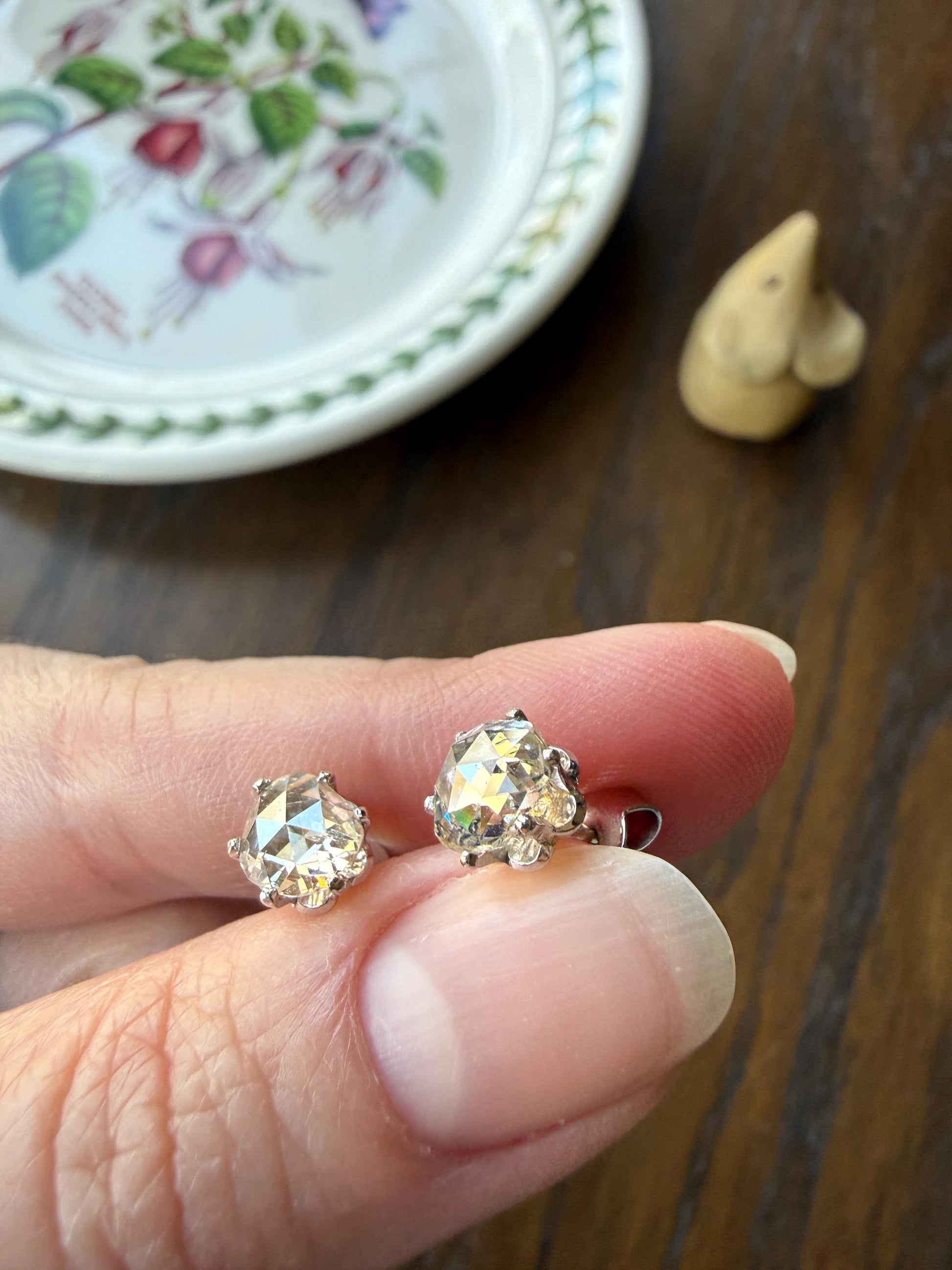 Antique Natural Rose Cut DIAMOND Stud EARRINGS 2 Carats Face Up 14k White Gold Solid Large Open Back