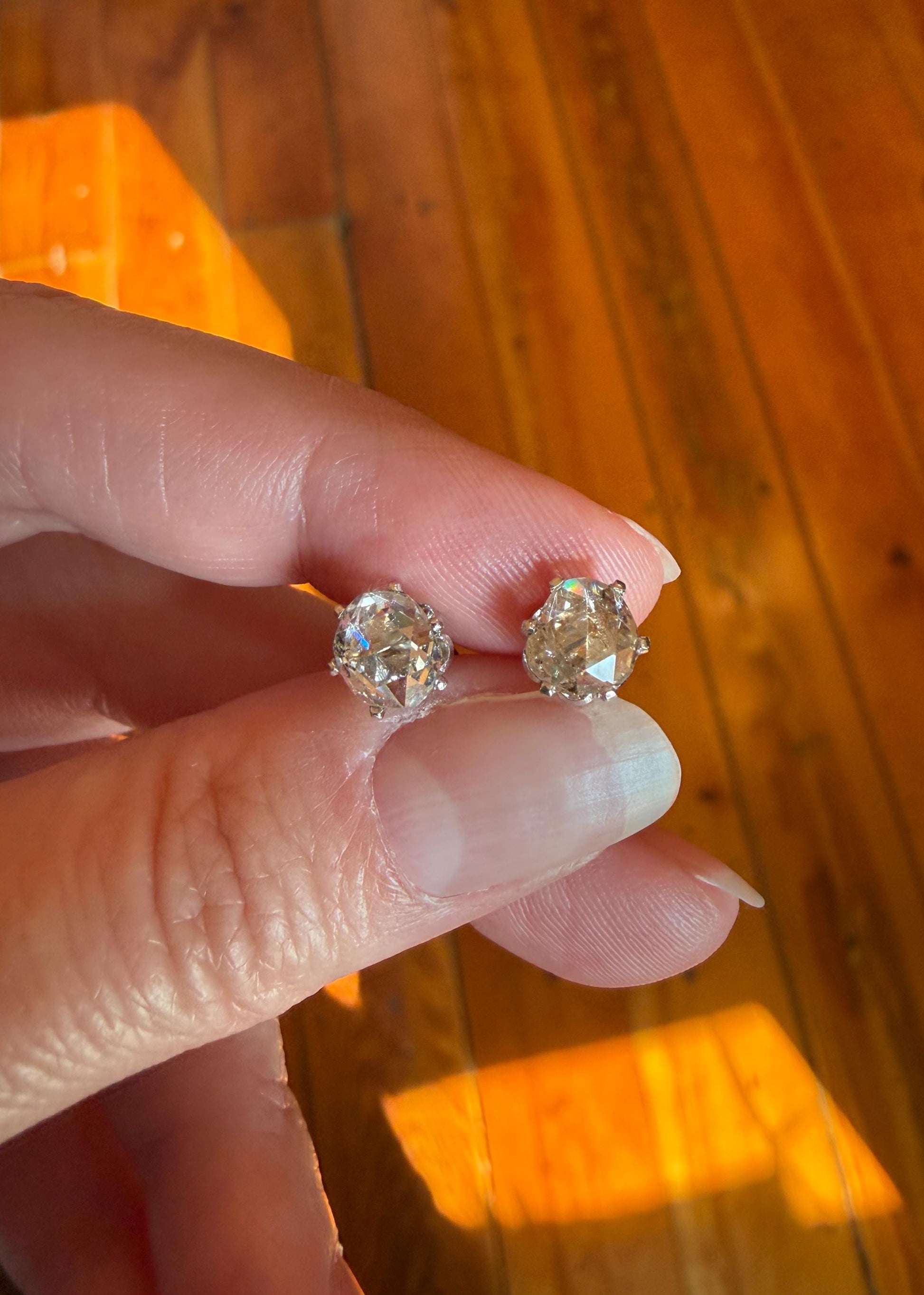 Antique Natural Rose Cut DIAMOND Stud EARRINGS 2 Carats Face Up 14k White Gold Solid Large Open Back