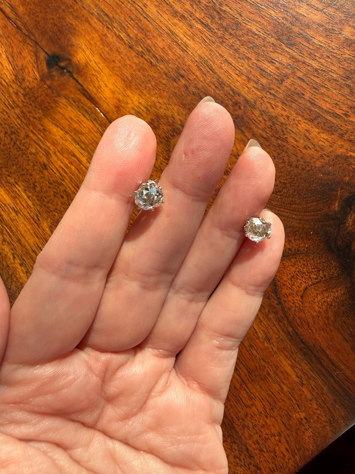 Antique Natural Rose Cut DIAMOND Stud EARRINGS 2 Carats Face Up 14k White Gold Solid Large Open Back