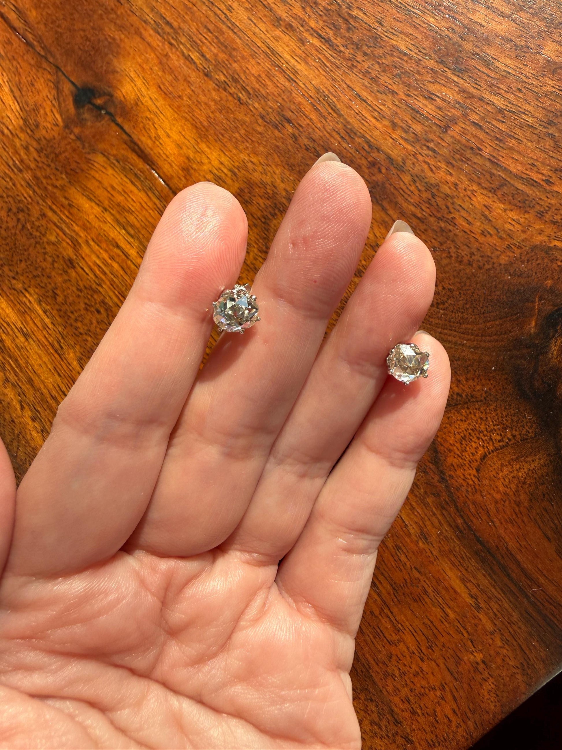 Antique Natural Rose Cut DIAMOND Stud EARRINGS 2 Carats Face Up 14k White Gold Solid Large Open Back