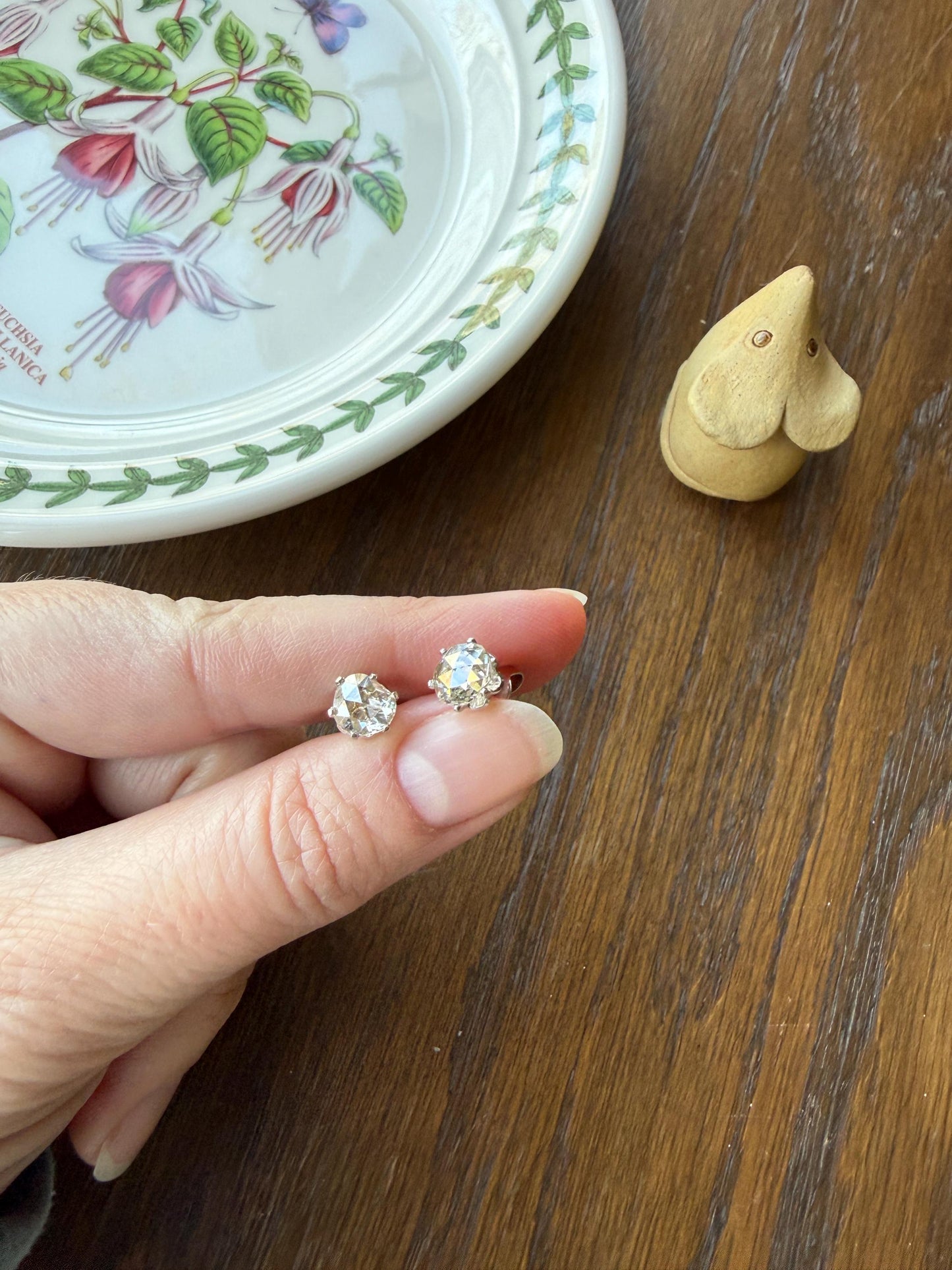 Antique Natural Rose Cut DIAMOND Stud EARRINGS 2 Carats Face Up 14k White Gold Solid Large Open Back