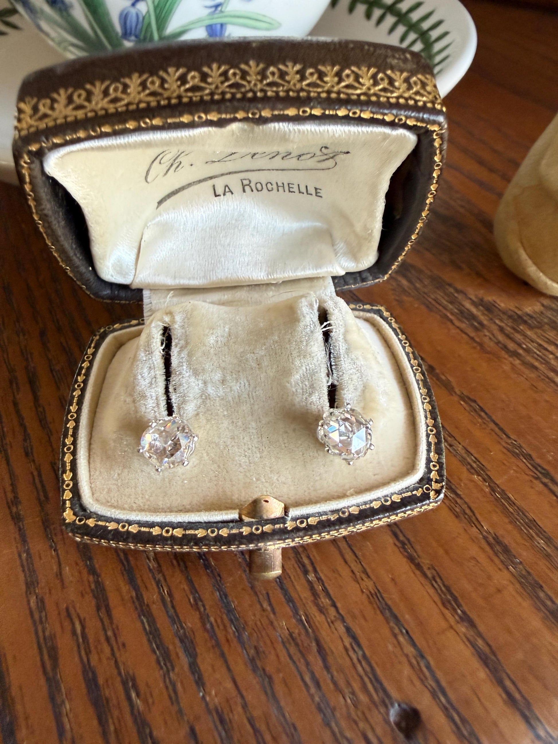 Antique Natural Rose Cut DIAMOND Stud EARRINGS 2 Carats Face Up 14k White Gold Solid Large Open Back