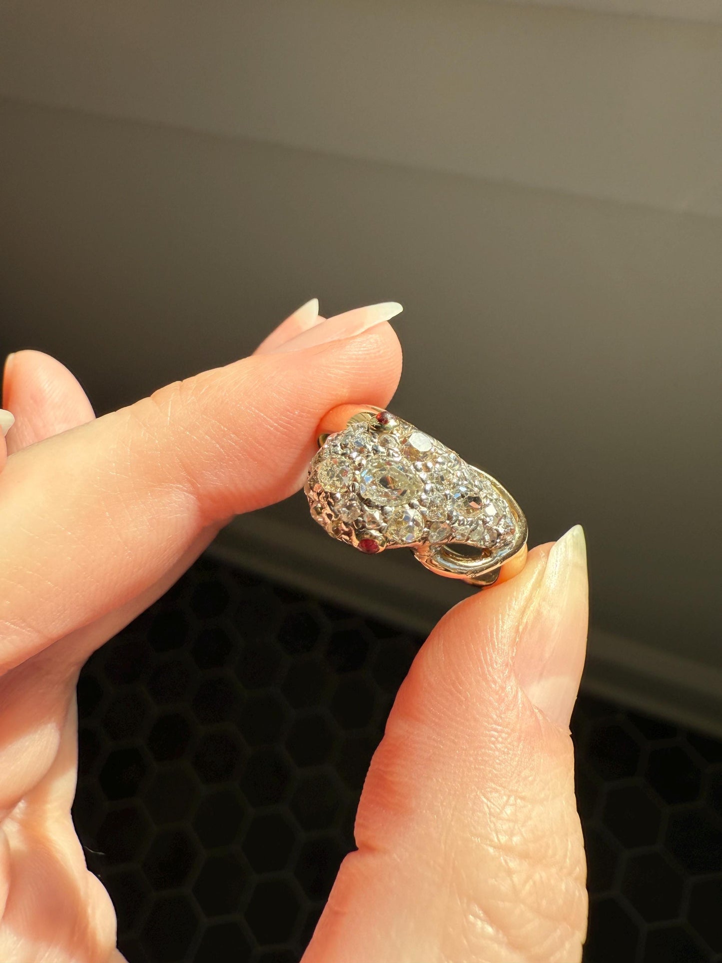 SNAKE Antique Figural Ring Chunky 1.5 Carat Rose Old Mine Cut Diamonds Encrusted Head Center Pear Ruby Eyes 18k Gold Solid 3D Band