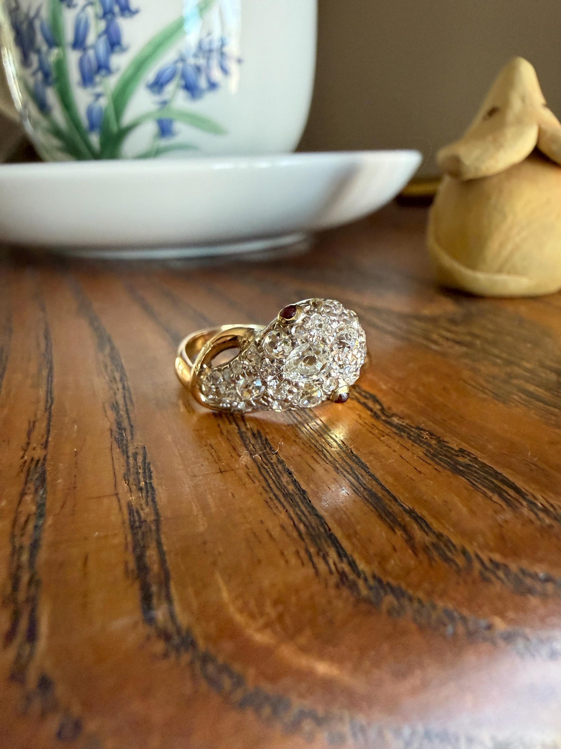SNAKE Antique Figural Ring Chunky 1.5 Carat Rose Old Mine Cut Diamonds Encrusted Head Center Pear Ruby Eyes 18k Gold Solid 3D Band