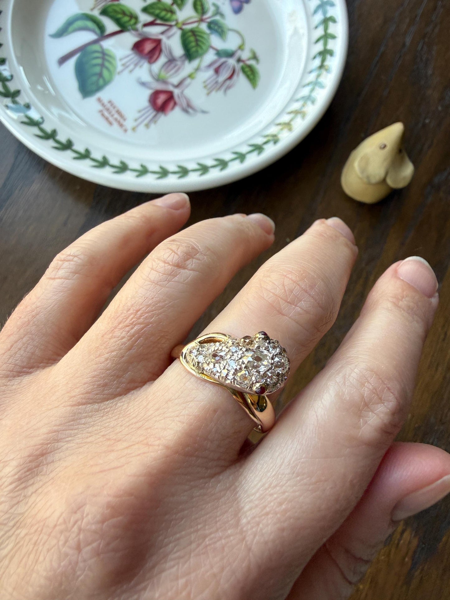 SNAKE Antique Figural Ring Chunky 1.5 Carat Rose Old Mine Cut Diamonds Encrusted Head Center Pear Ruby Eyes 18k Gold Solid 3D Band