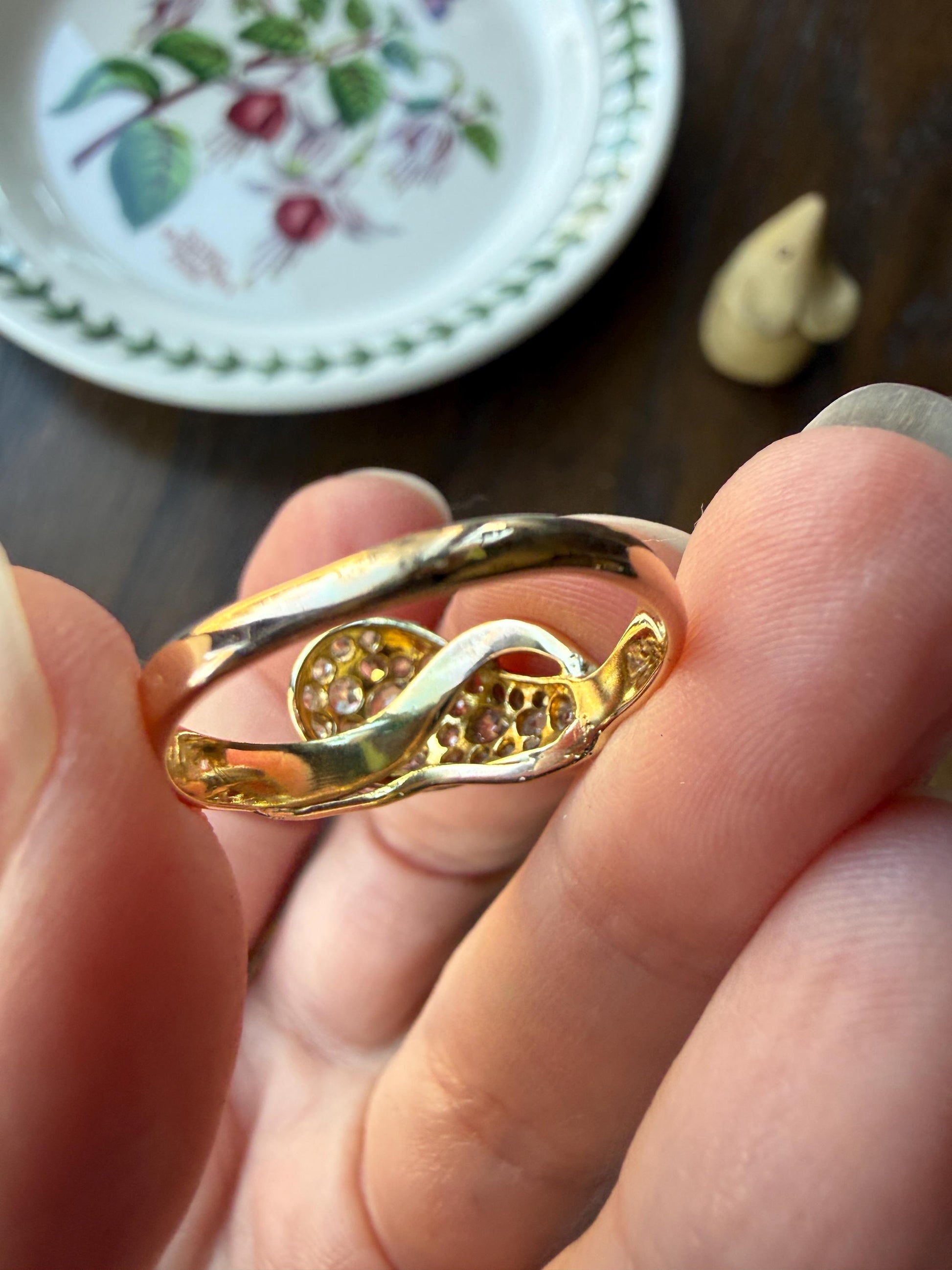 SNAKE Antique Figural Ring Chunky 1.5 Carat Rose Old Mine Cut Diamonds Encrusted Head Center Pear Ruby Eyes 18k Gold Solid 3D Band