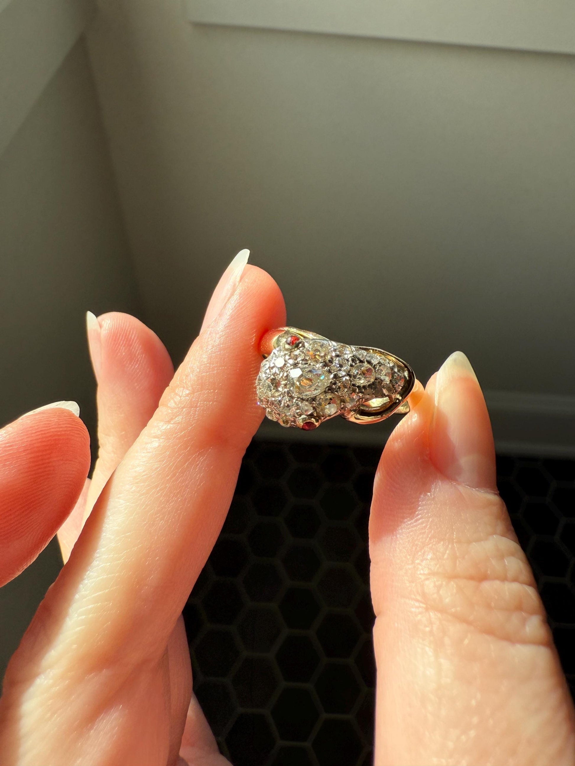 SNAKE Antique Figural Ring Chunky 1.5 Carat Rose Old Mine Cut Diamonds Encrusted Head Center Pear Ruby Eyes 18k Gold Solid 3D Band