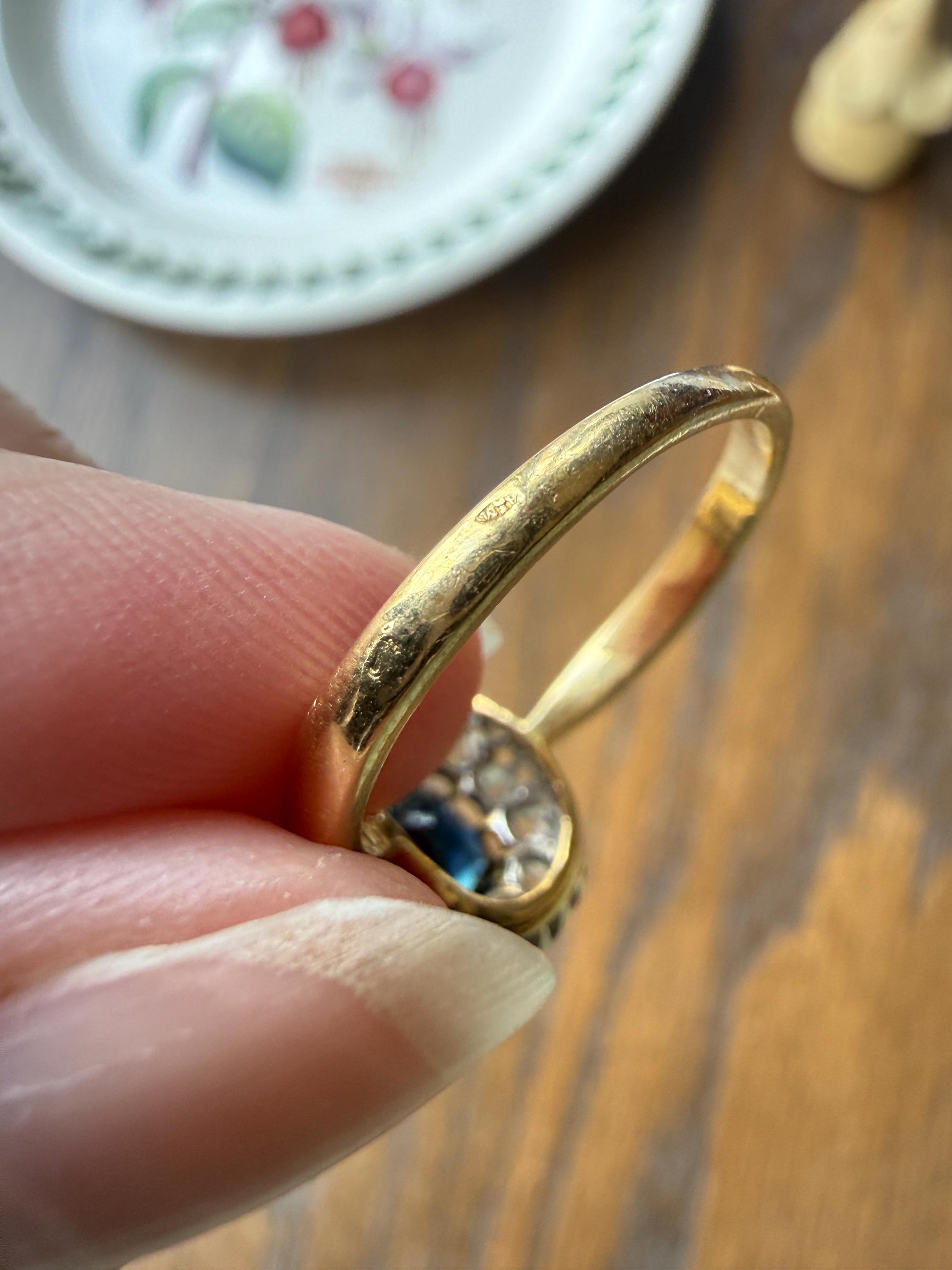 Antique Natural Sapphire Peacock Greenish Blue Halo Ring with Rose Cut Diamonds French Early 1900s Victorian Edwardian