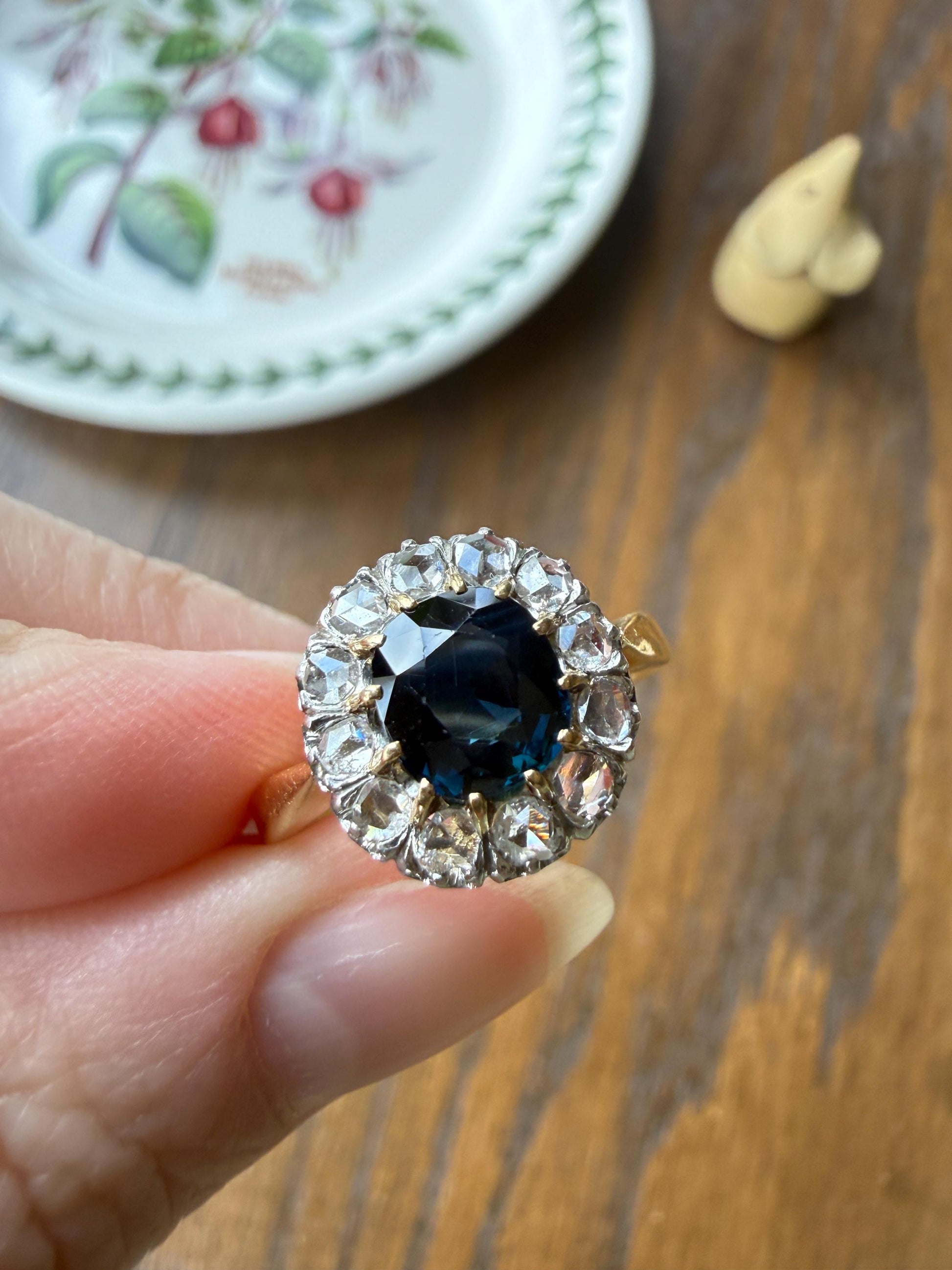 Antique Natural Sapphire Peacock Greenish Blue Halo Ring with Rose Cut Diamonds French Early 1900s Victorian Edwardian