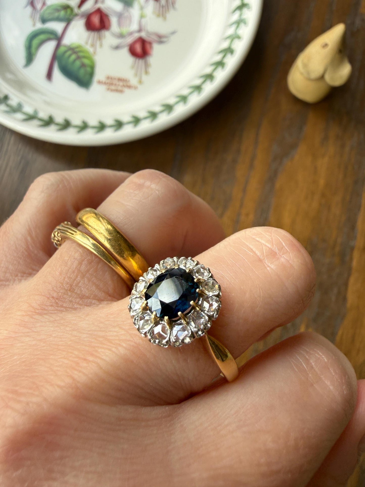 Antique Natural Sapphire Peacock Greenish Blue Halo Ring with Rose Cut Diamonds French Early 1900s Victorian Edwardian