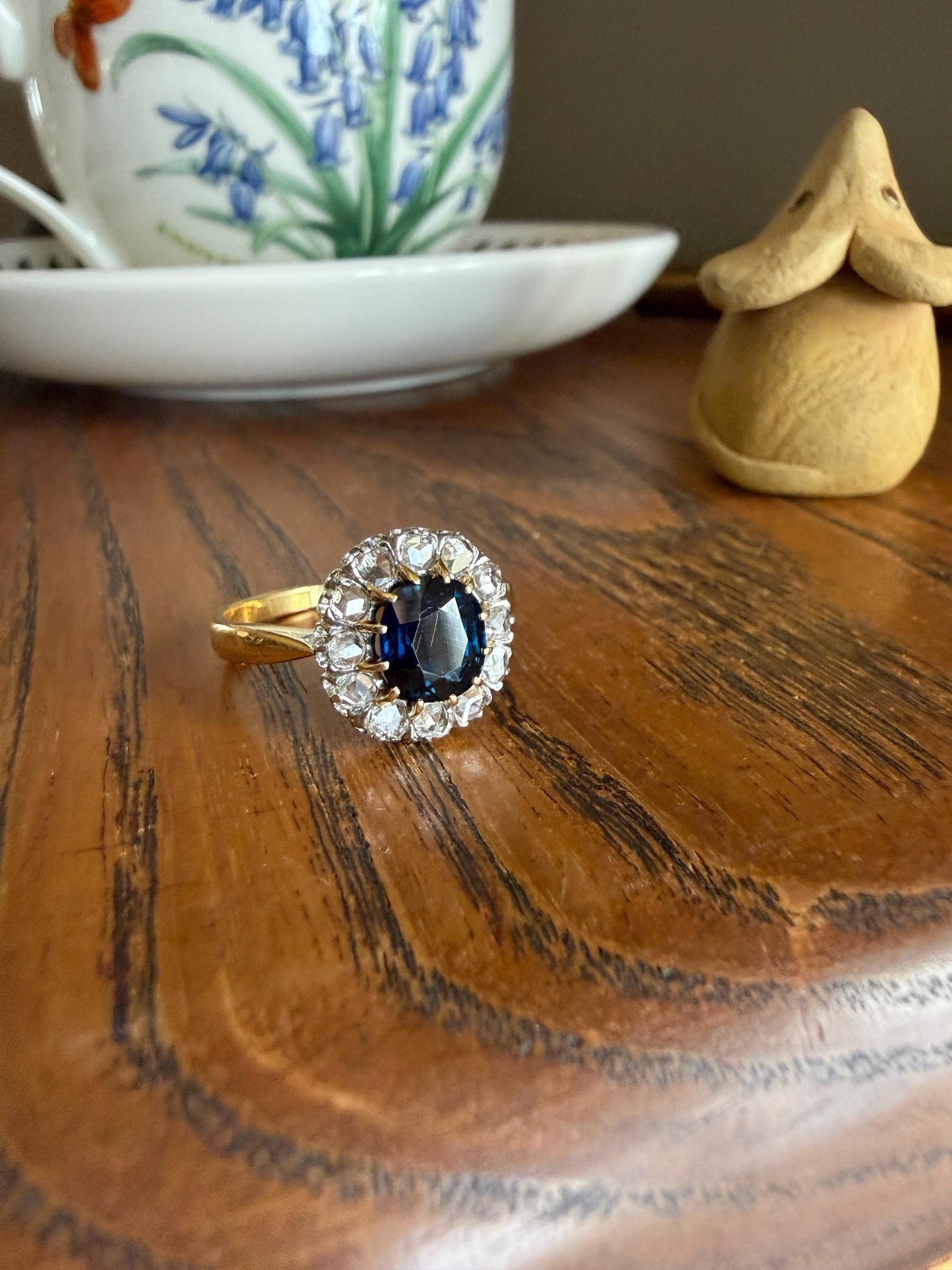 Antique Natural Sapphire Peacock Greenish Blue Halo Ring with Rose Cut Diamonds French Early 1900s Victorian Edwardian