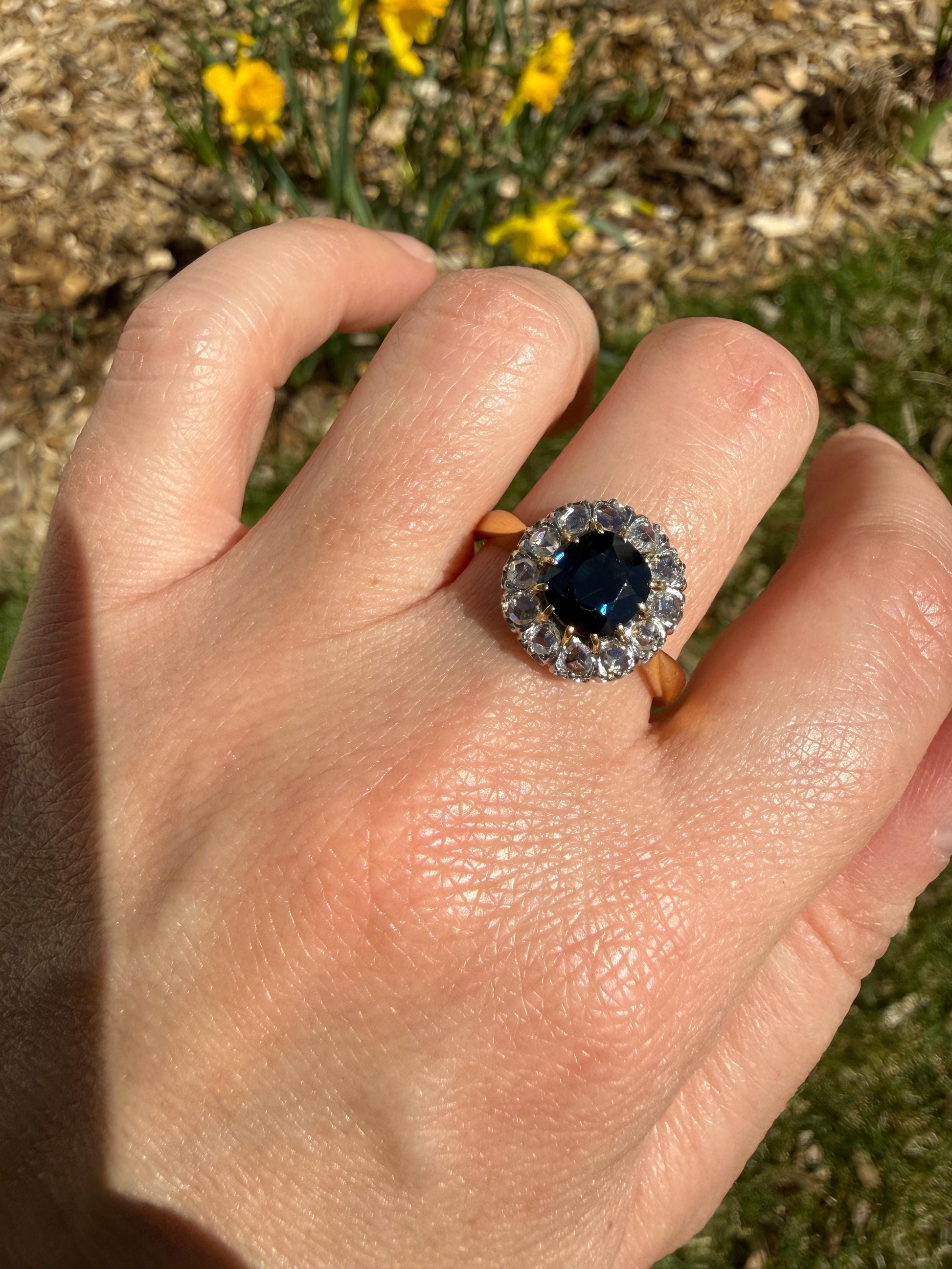Antique Natural Sapphire Peacock Greenish Blue Halo Ring with Rose Cut Diamonds French Early 1900s Victorian Edwardian