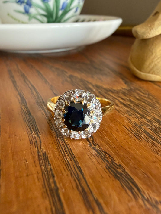 Antique Natural Sapphire Peacock Greenish Blue Halo Ring with Rose Cut Diamonds French Early 1900s Victorian Edwardian