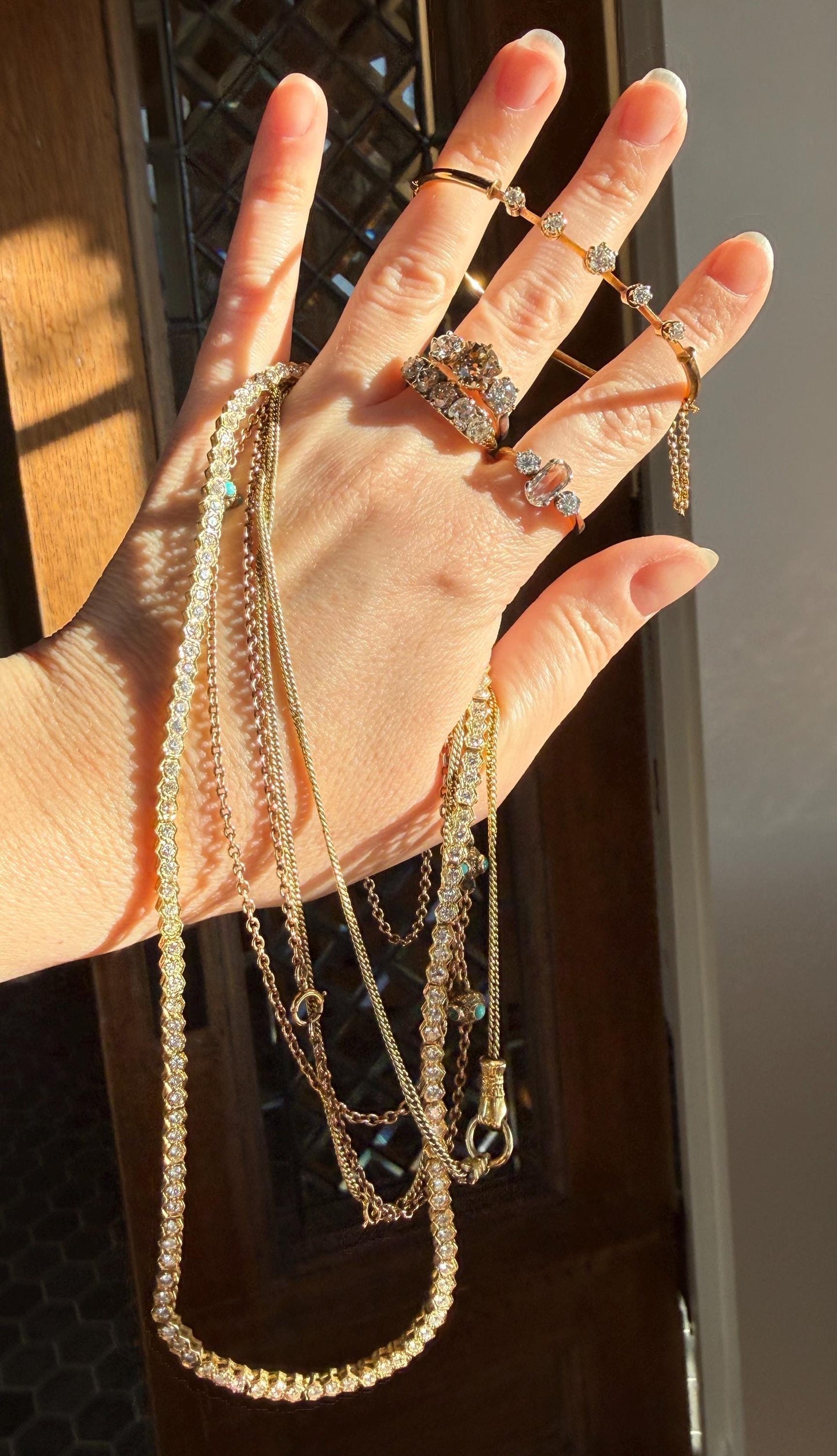 Victorian Antique TURQUOISE Station Chain Etruscan Revival 9k Rosy Gold Long Guard Muff Necklace