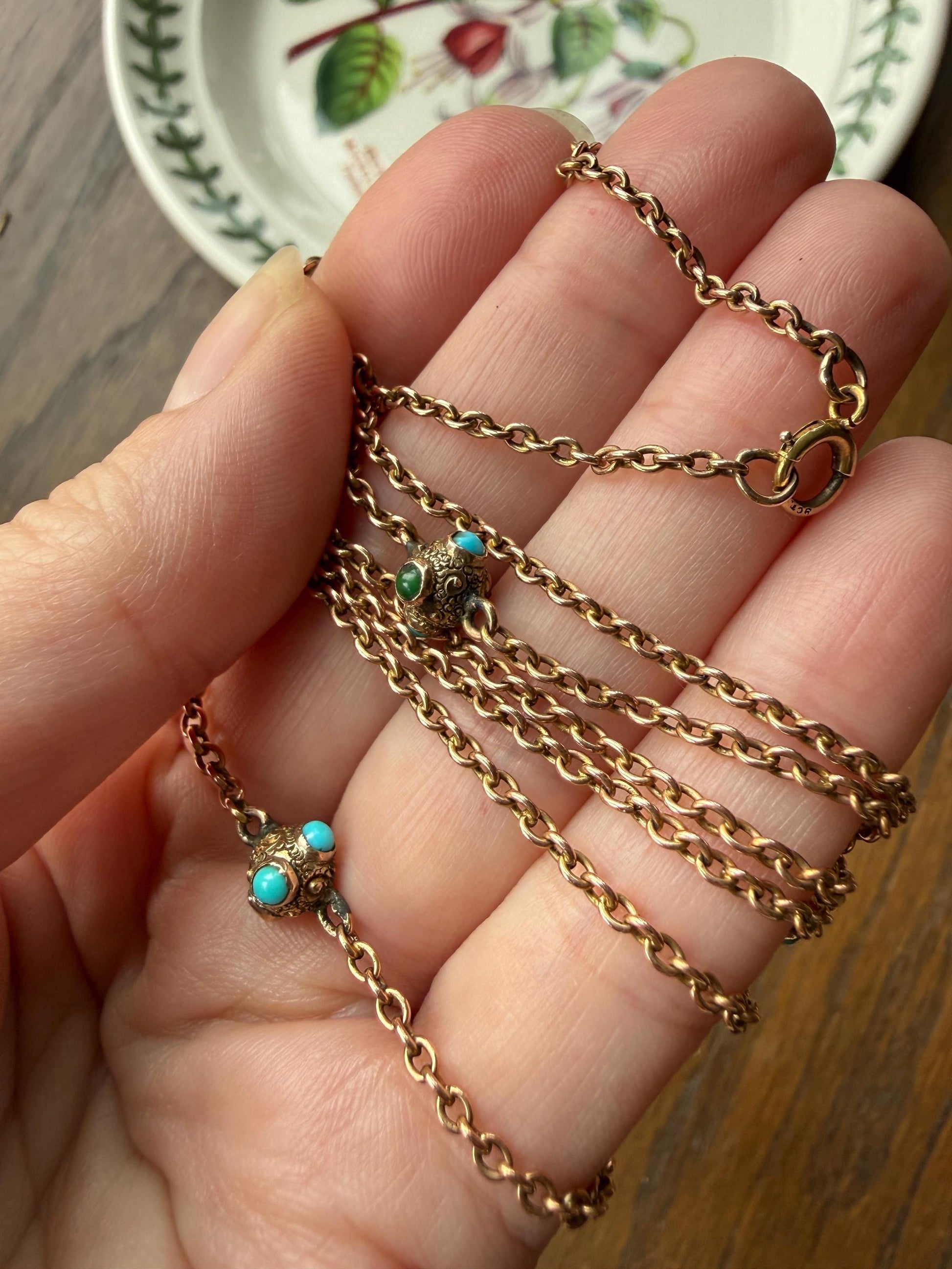 Victorian Antique TURQUOISE Station Chain Etruscan Revival 9k Rosy Gold Long Guard Muff Necklace