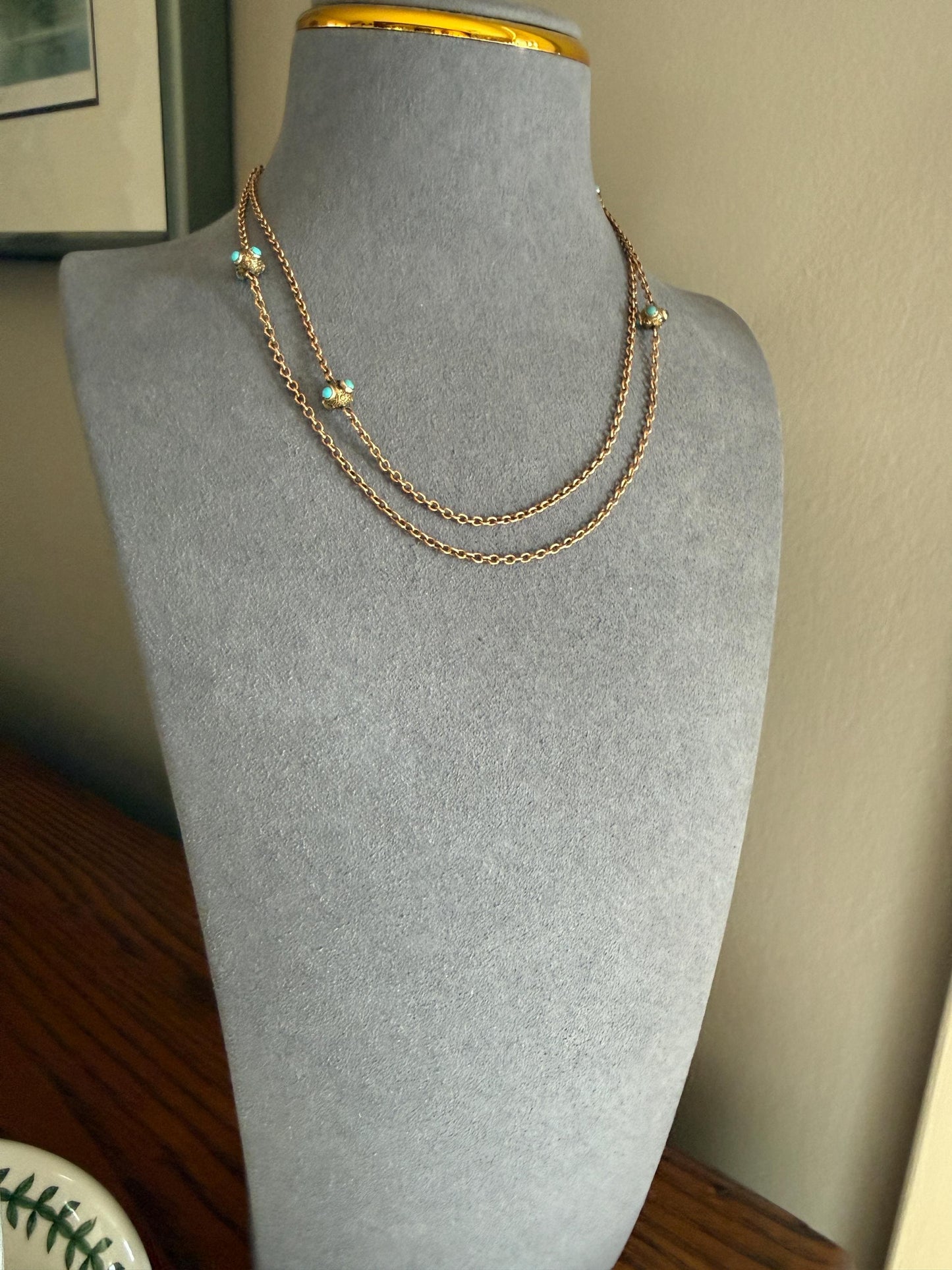 Victorian Antique TURQUOISE Station Chain Etruscan Revival 9k Rosy Gold Long Guard Muff Necklace