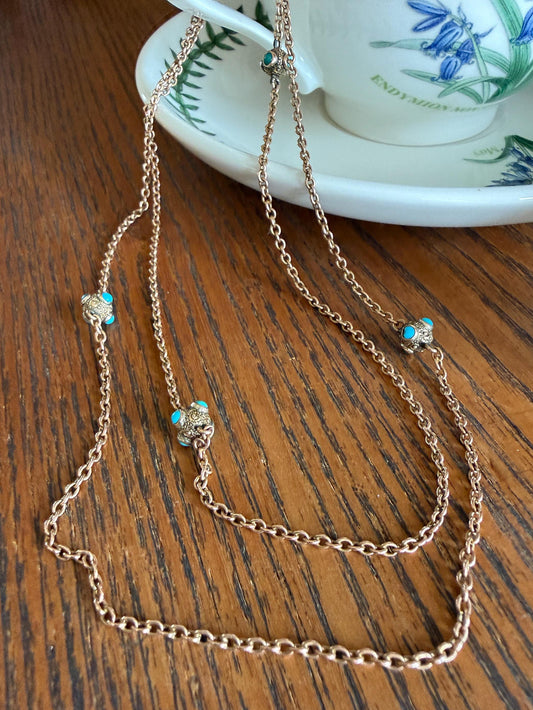Victorian Antique TURQUOISE Station Chain Etruscan Revival 9k Rosy Gold Long Guard Muff Necklace