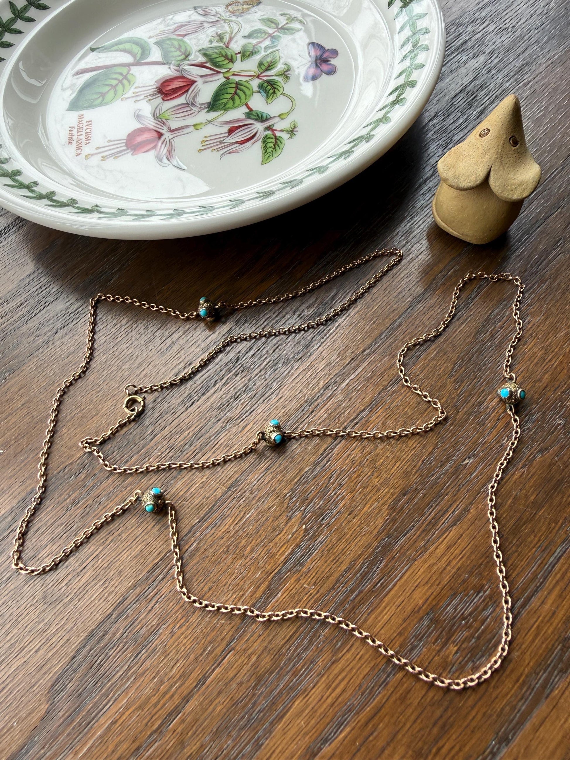 Victorian Antique TURQUOISE Station Chain Etruscan Revival 9k Rosy Gold Long Guard Muff Necklace