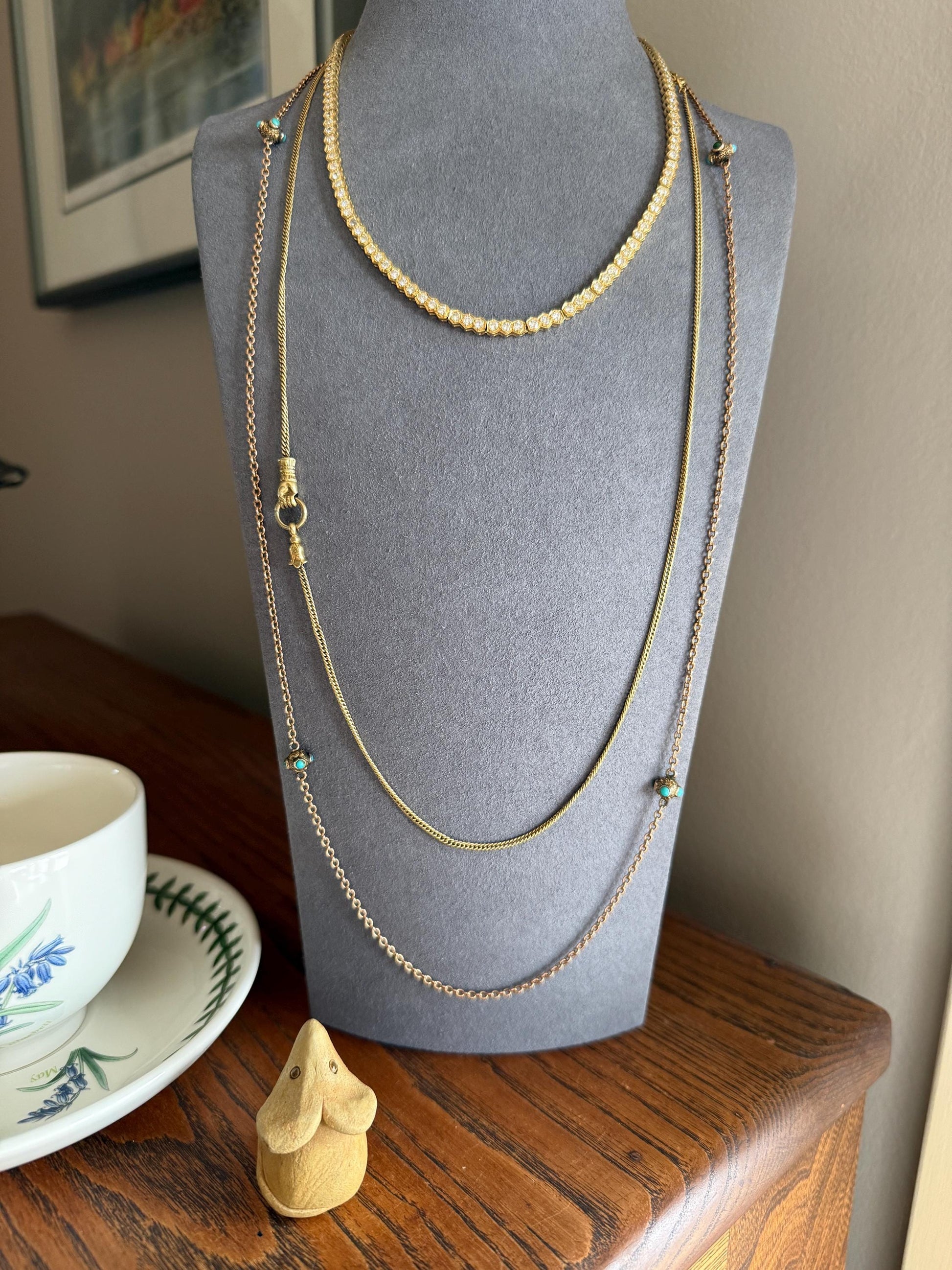 Victorian Antique TURQUOISE Station Chain Etruscan Revival 9k Rosy Gold Long Guard Muff Necklace