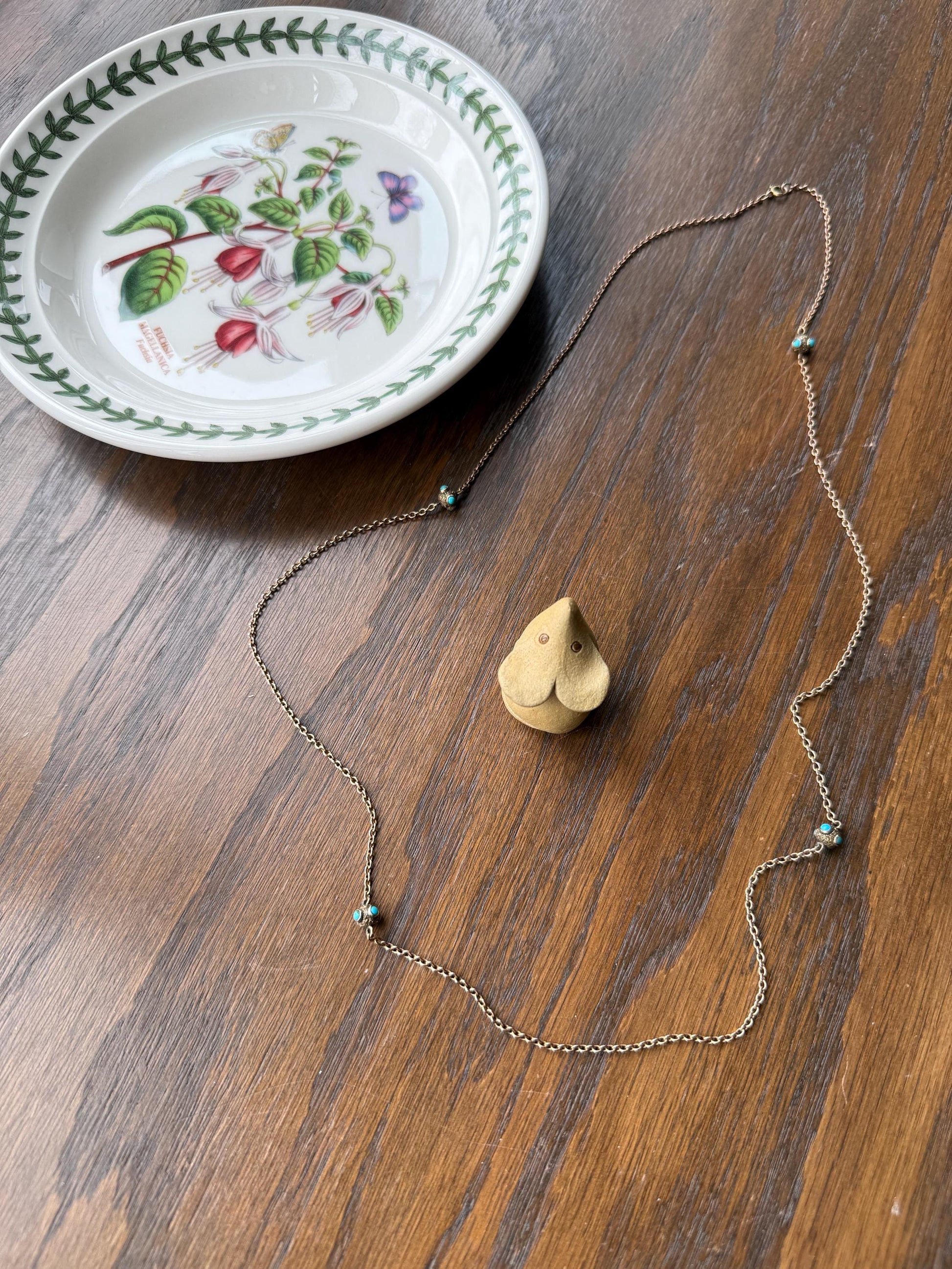 Victorian Antique TURQUOISE Station Chain Etruscan Revival 9k Rosy Gold Long Guard Muff Necklace