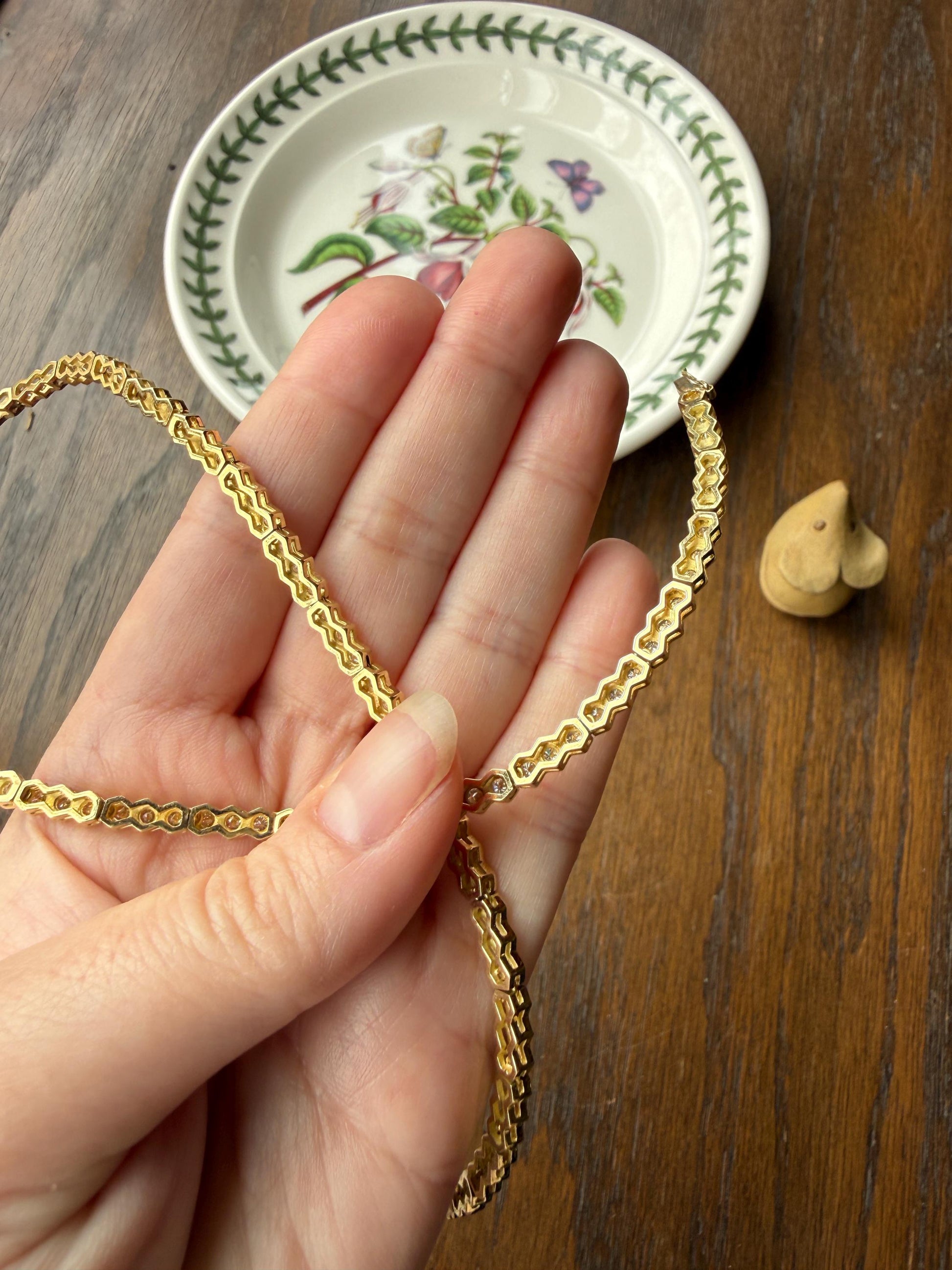 HEXAGON Vintage 5.4 Carats Natural Diamond Riviera Eternity Chain Geometric Honeycomb 24.1g 18k Gold Solid Tennis Necklace 5.4Ctw