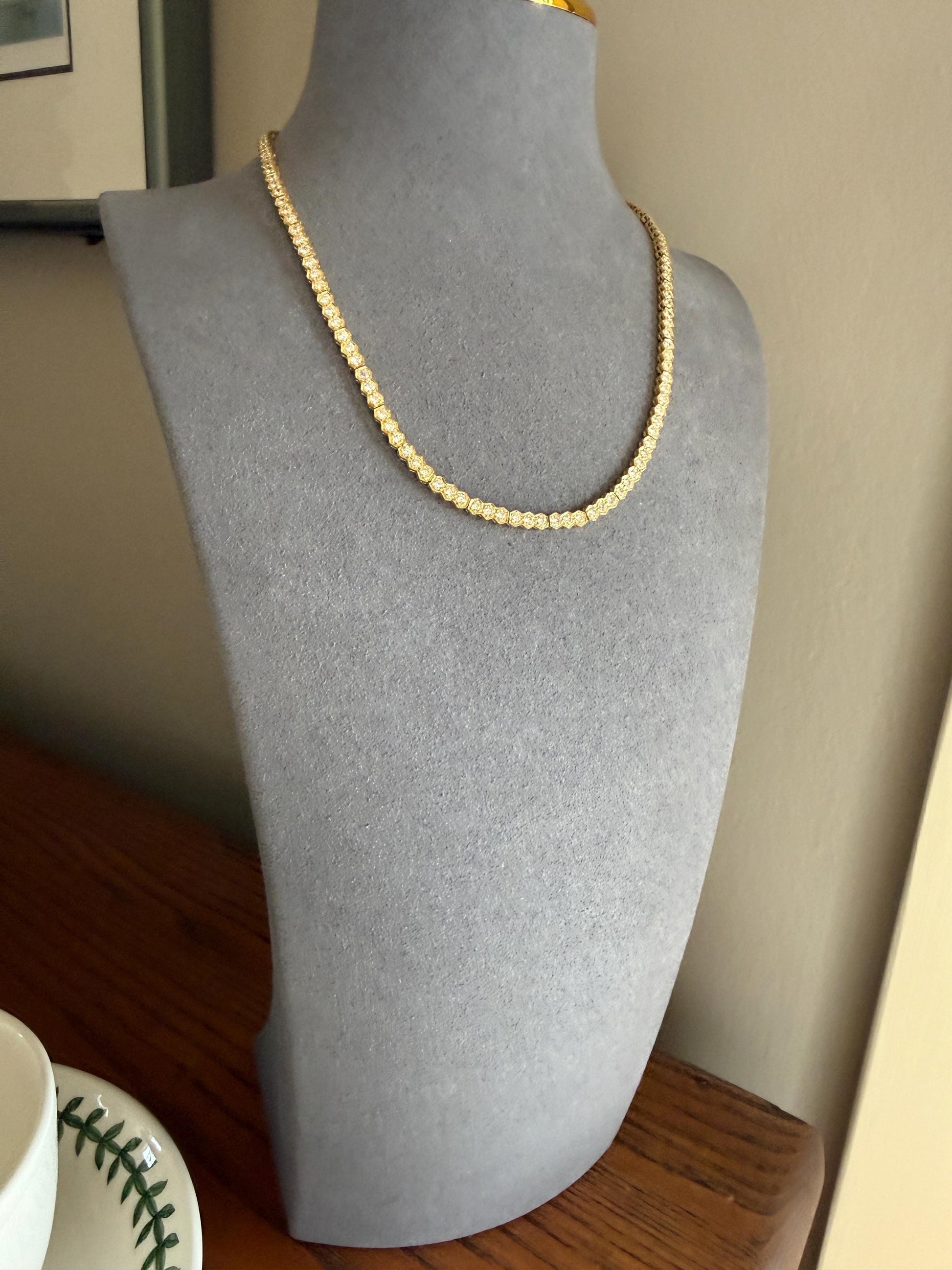 HEXAGON Vintage 5.4 Carats Natural Diamond Riviera Eternity Chain Geometric Honeycomb 24.1g 18k Gold Solid Tennis Necklace 5.4Ctw